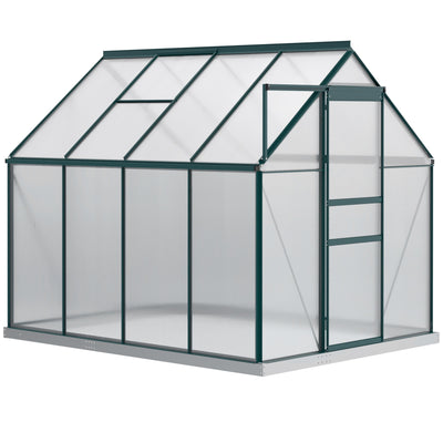 Outsunny 6' x 8' x 6.5' Polycarbonate Greenhouse, Walk-in Green House with Adjustable Roof Vent Galvanized Base Sliding Door Rain Gutter for Outdoor Garden Backyard, Green 