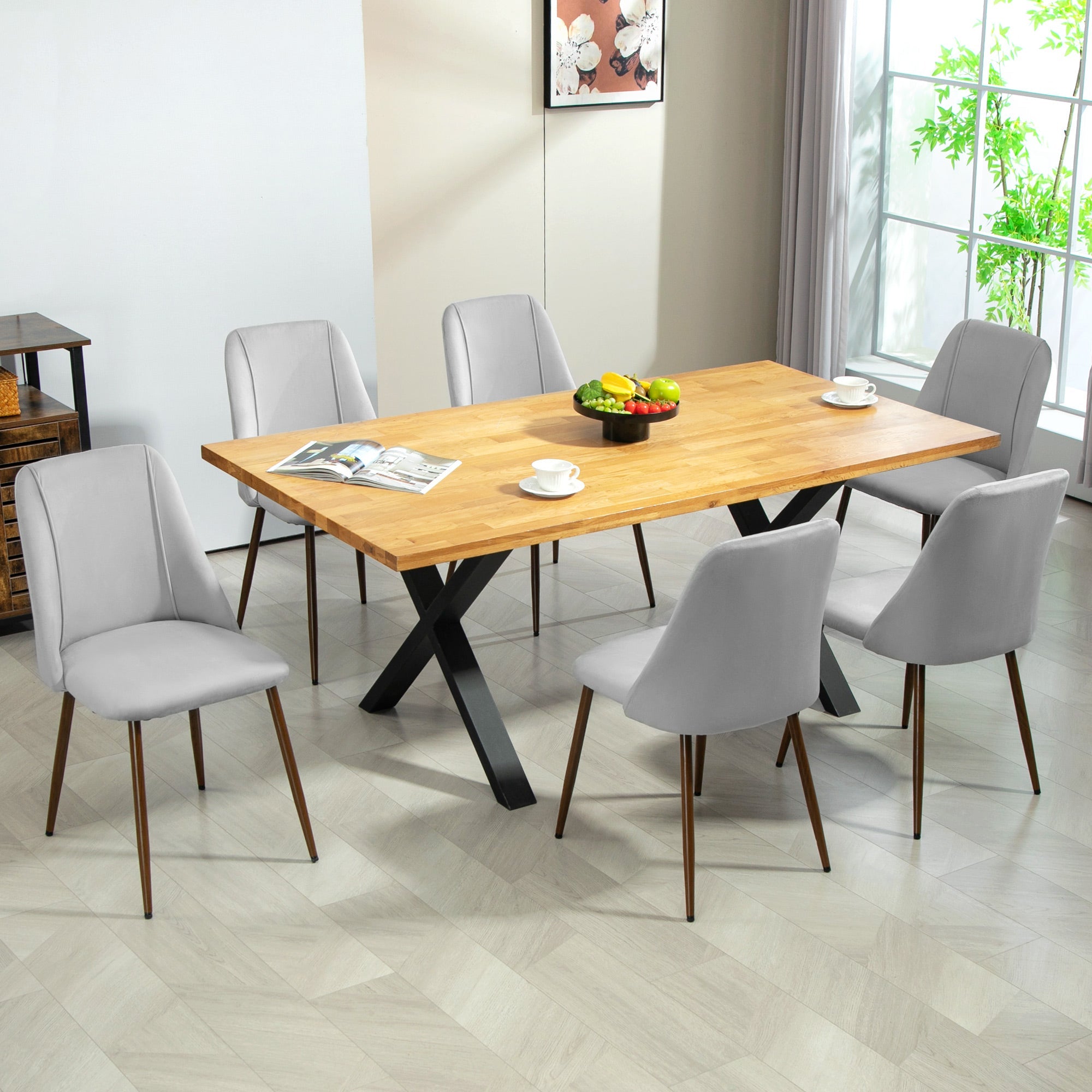 HOMCOM Upholstered Dining Chairs Set of 6, Velvet Accent Chair with Back and Wood-grain Steel Leg for Kitchen, Grey 