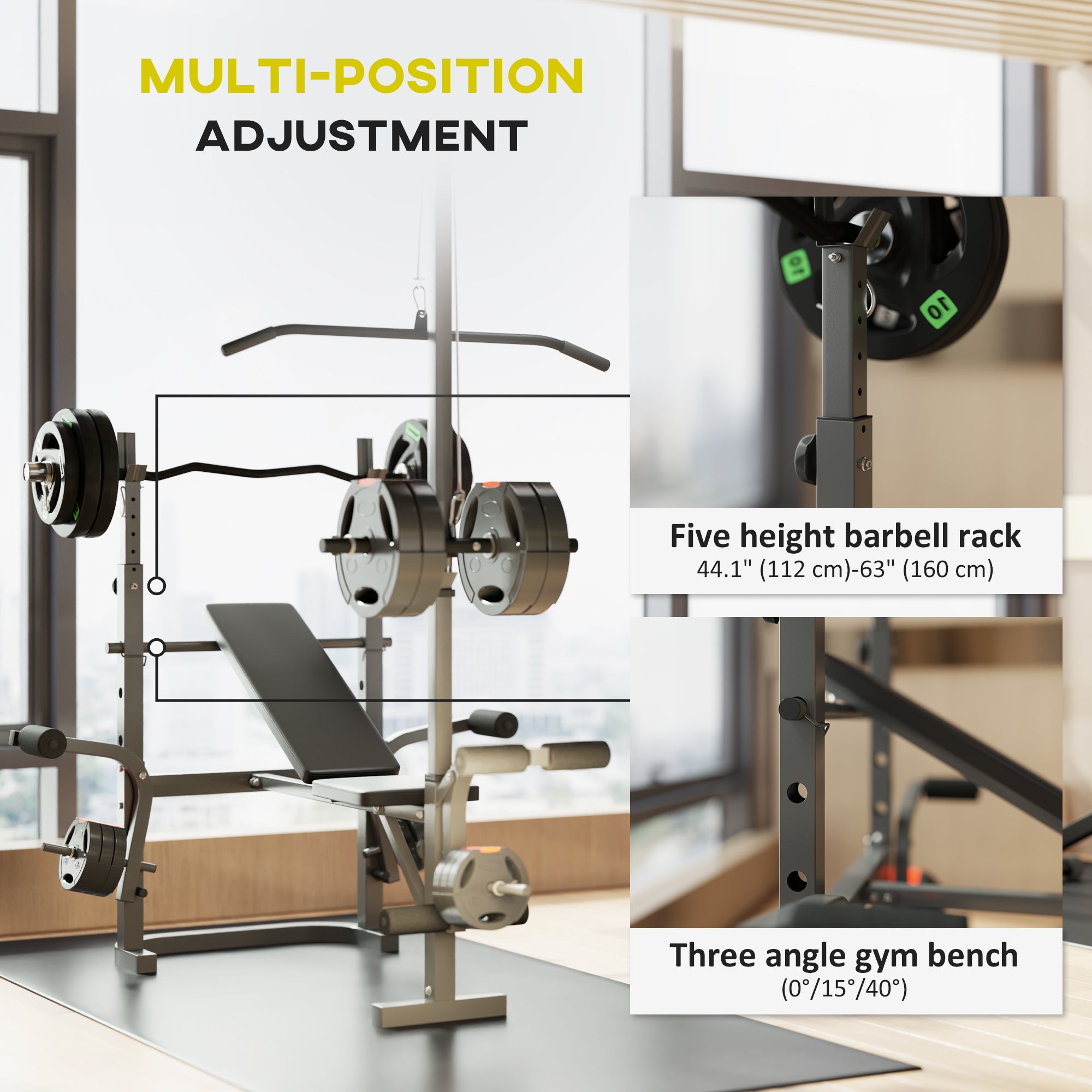 Soozier Adjustable Weight Bench with Bench Press Rack, Preacher Curl Bench, Leg Extension and Lat Pull Down 