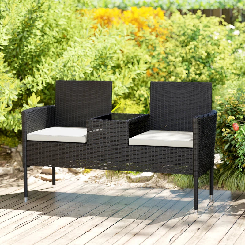 Patio Furniture w/ Mid-Table PE Rattan Loveseat w/ Cushion, Cream White