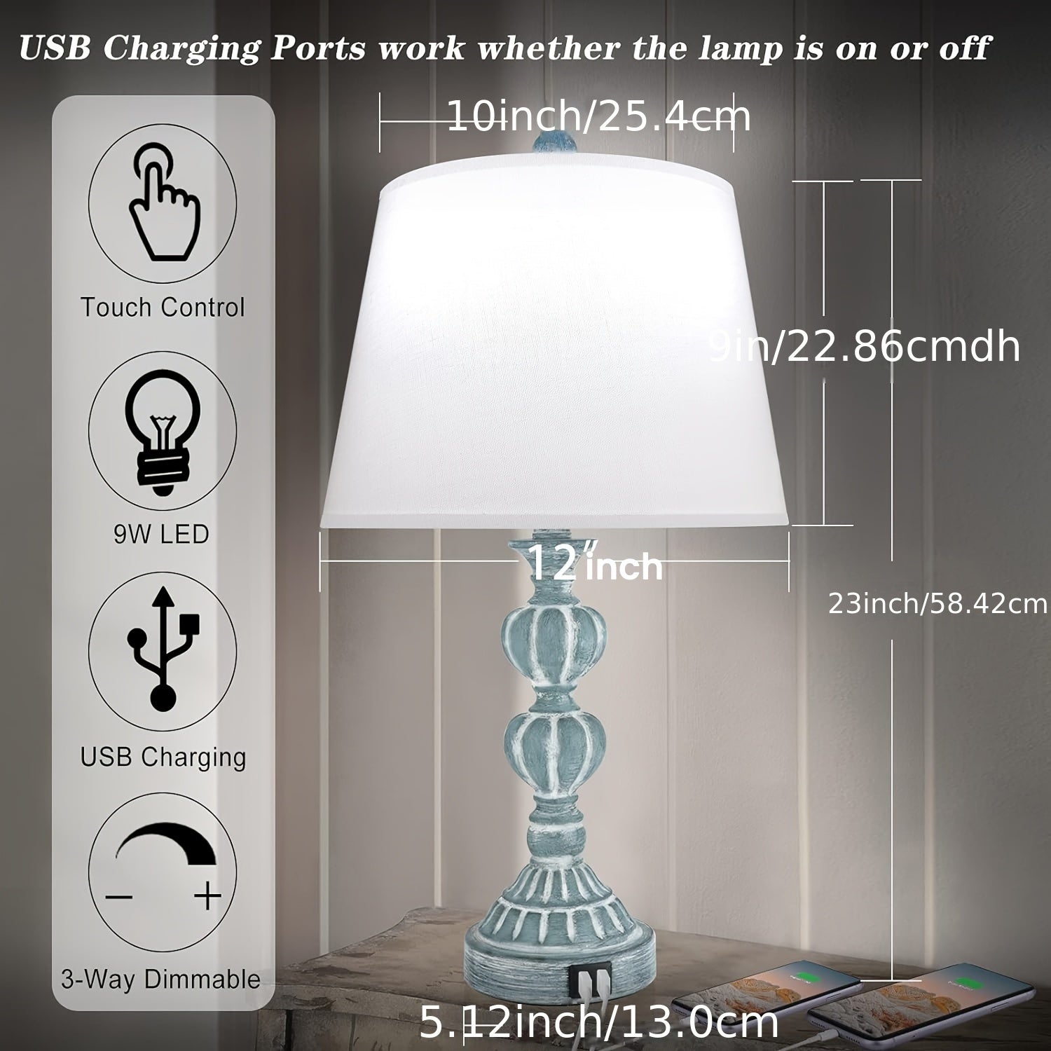 Coastal Farmhouse Table Lamp Set – 3-Way Dimmable Touch Control with Dual USB Ports, Blue Washed White Finish – Perfect for Nightstands or Living Rooms (Set of 2) 