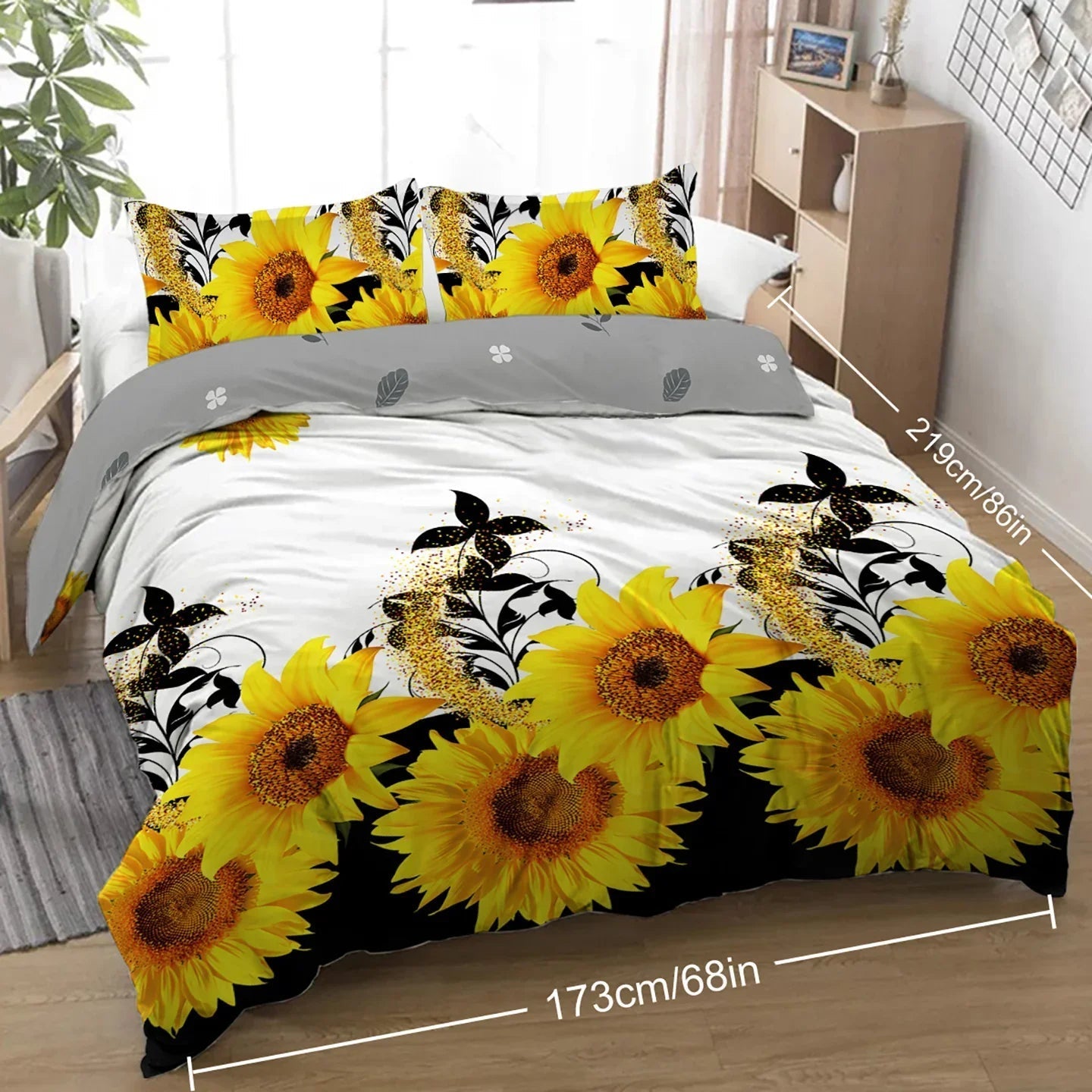 3 Pieces Black And White Background Sunflower Duvet Cover Set Yellow Flower Polyester Bedding Set For Adults Bedroom Decor Twin Full Queen King Size 