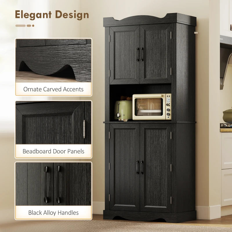 73" Kitchen Pantry Cabinet, Freestanding Kitchen Hutch with 12 Door Shelves, Adjustable Shelves, Microwave Stand, Black