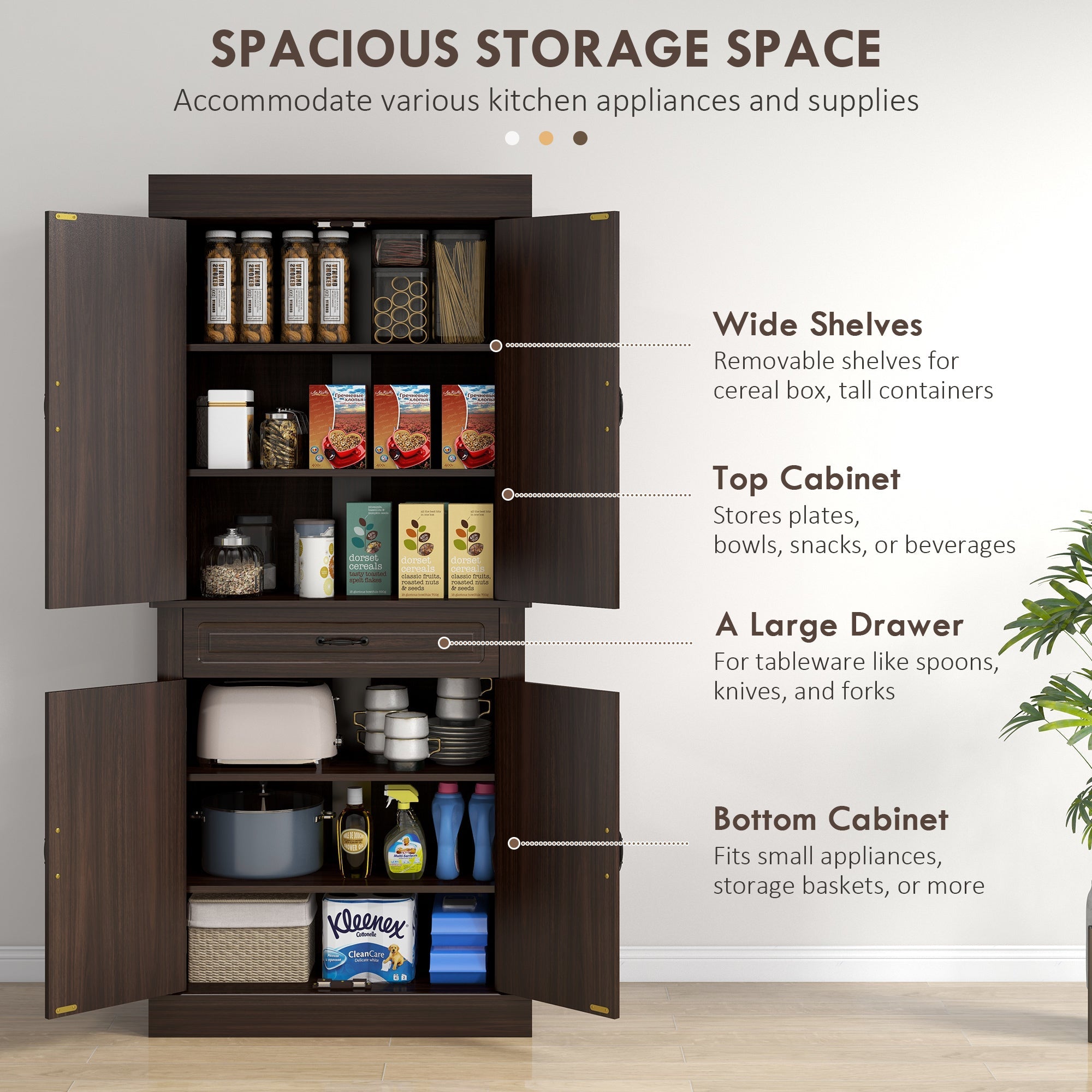 HOMCOM Coffee Wood Pantry Cabinet: 71" Tall Freestanding Kitchen Organizer with 4 Doors, 2 Cabinets & Drawer 