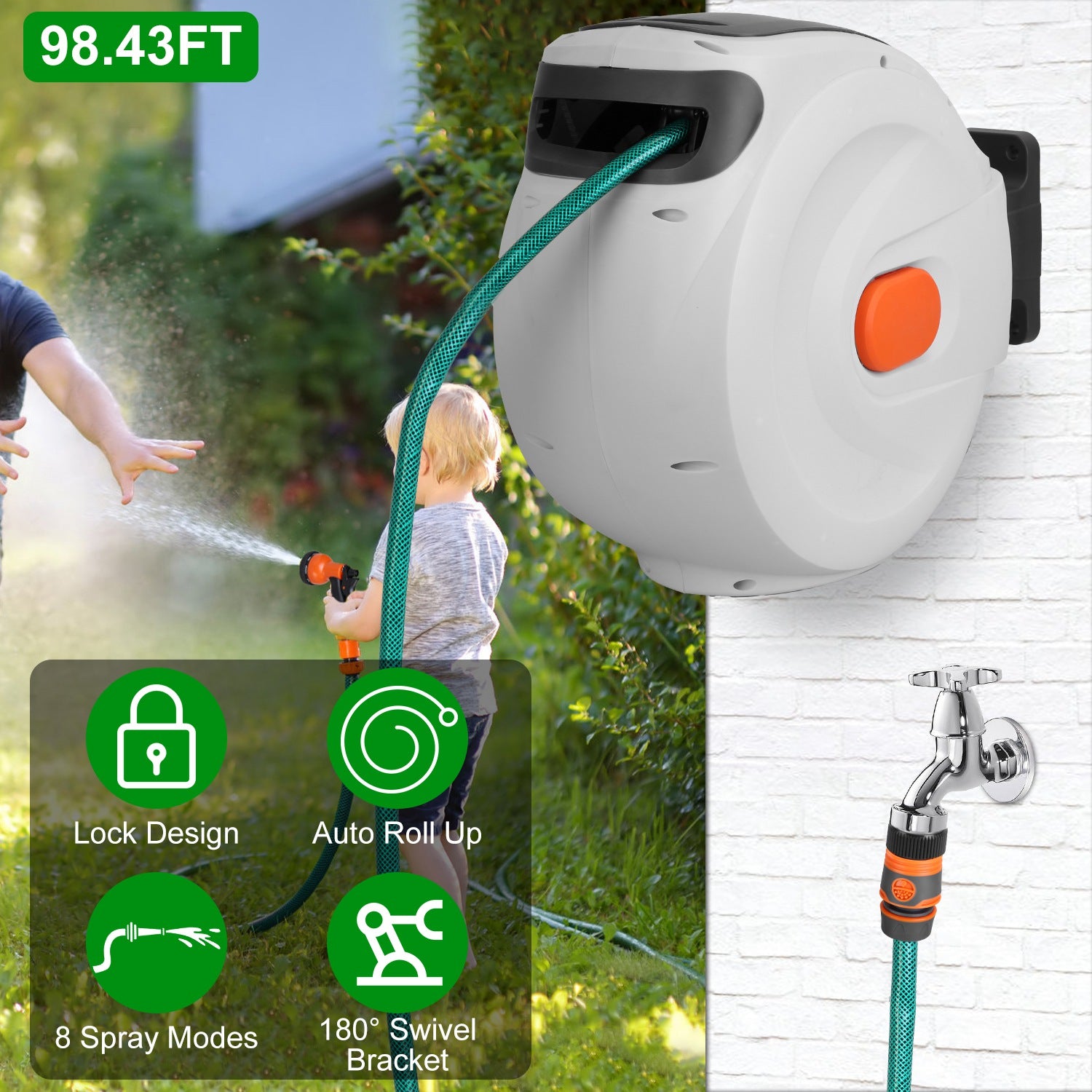 Retractable Garden Hose Reel Wall Mounted Automatic Water Hose Reel with Any Length Lock 8 Pattern Spraying Modes 180° Swivel Bracket