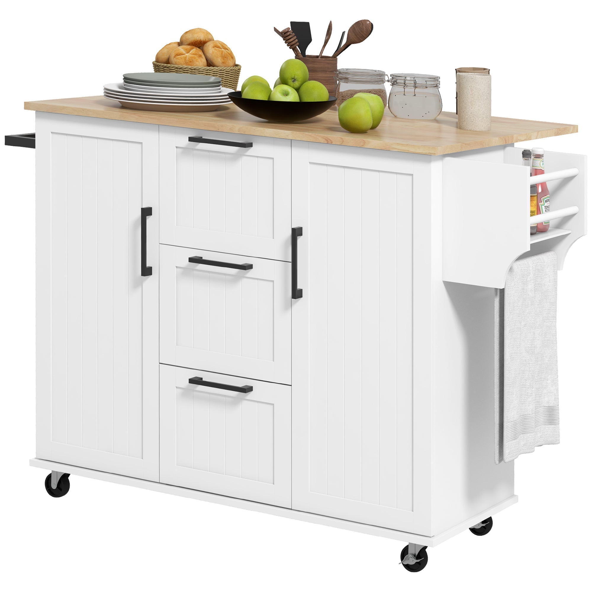 HOMCOM Kitchen Island Cart: On Wheels, Drop Leaf, 3 Drawers, Cabinets, Natural Wood Top, White 