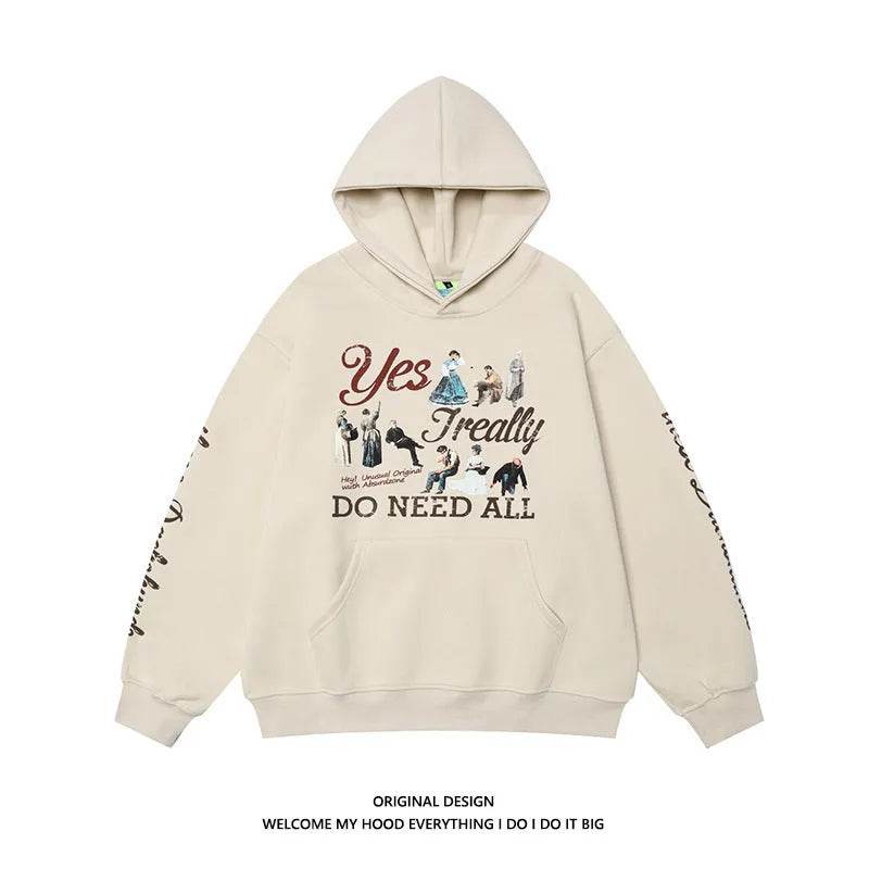 American Retro Washed Distressed Cartoon Letter Print Pullover Hoodie Sweatshirt 