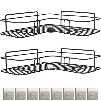 2Pcs Corner Shower Caddy Shelves Wall Mounted Basket Rack Bathroom Shampoo Holder Storage Organizer W/ 8Pcs Adhesive Hooks For Toilet Dorm Kitchen 