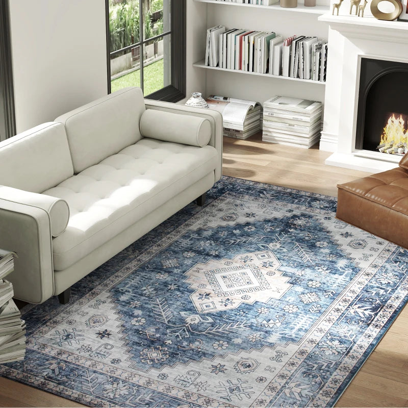 5x7 Area Rug, Vintage Machine Washable Rug, Non-Slip Floor Carpet for Living Room, Bedroom, Dining Room, Blue