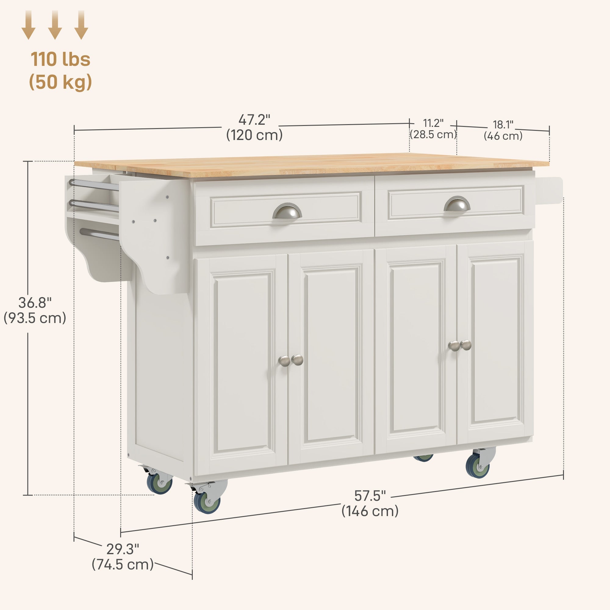 HOMCOM Kitchen Island with Storage, Rolling Kitchen Island with Drop Leaf, Rubber Wood Top and Adjustable Shelves, Cream White 