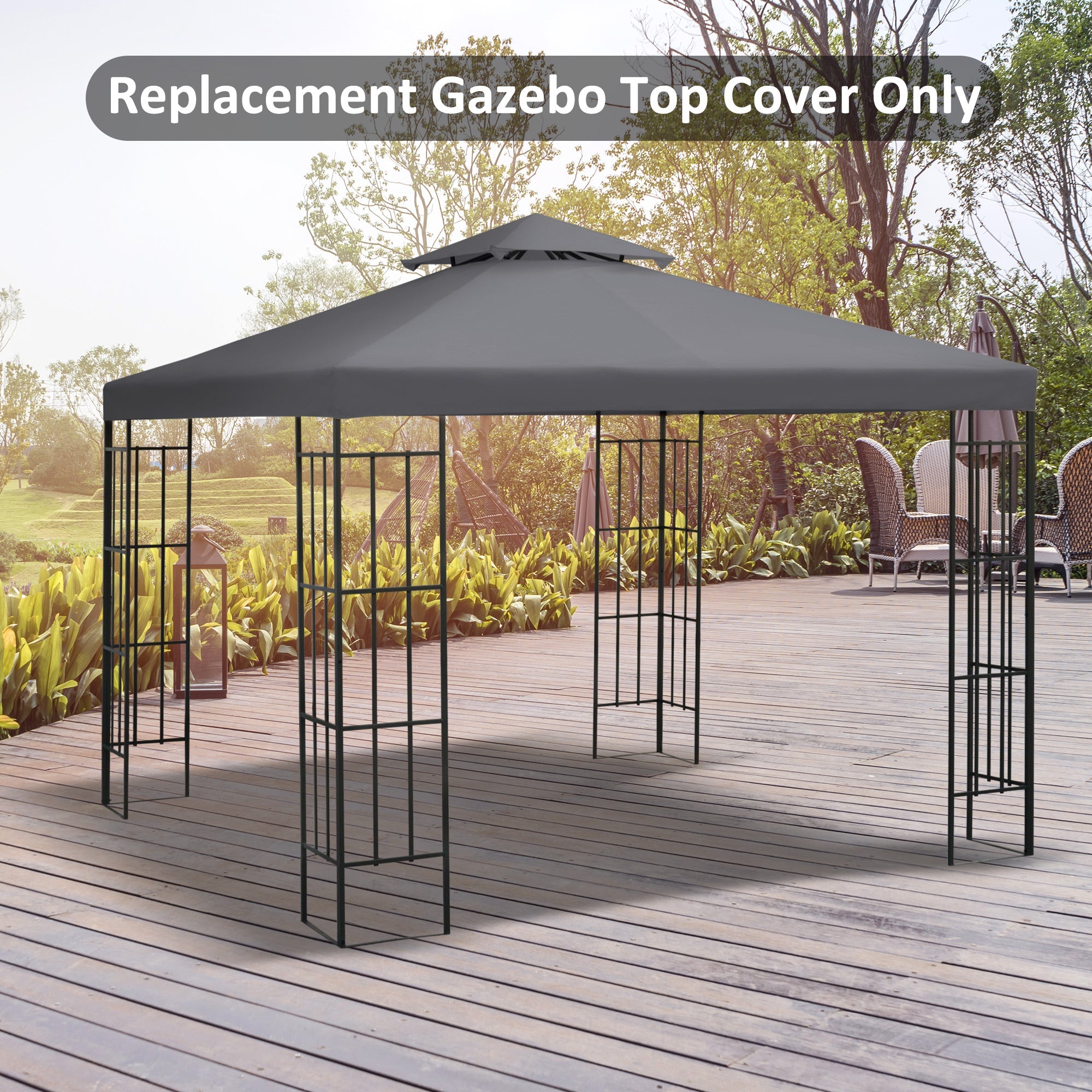 Outsunny 9.84' x 9.84' Square 2-Tier Gazebo Canopy Replacement Top Cover Outdoor Garden Sun Shade, Dark Grey 