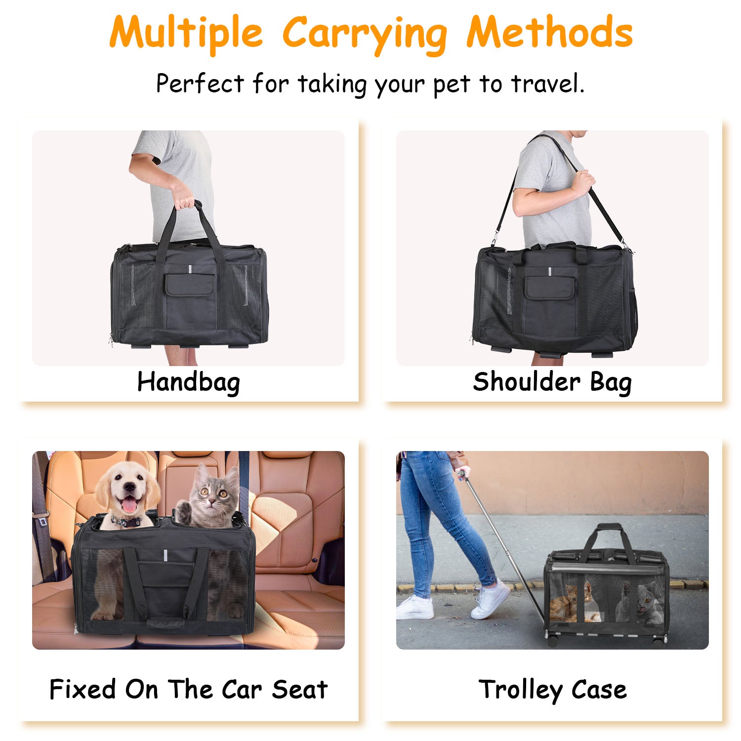 Double-Compartment Pet Rolling Carrier Cat Dog Rolling Carrier with Detachable Wheels Telescopic Handle Adjustable Shoulder Strap 