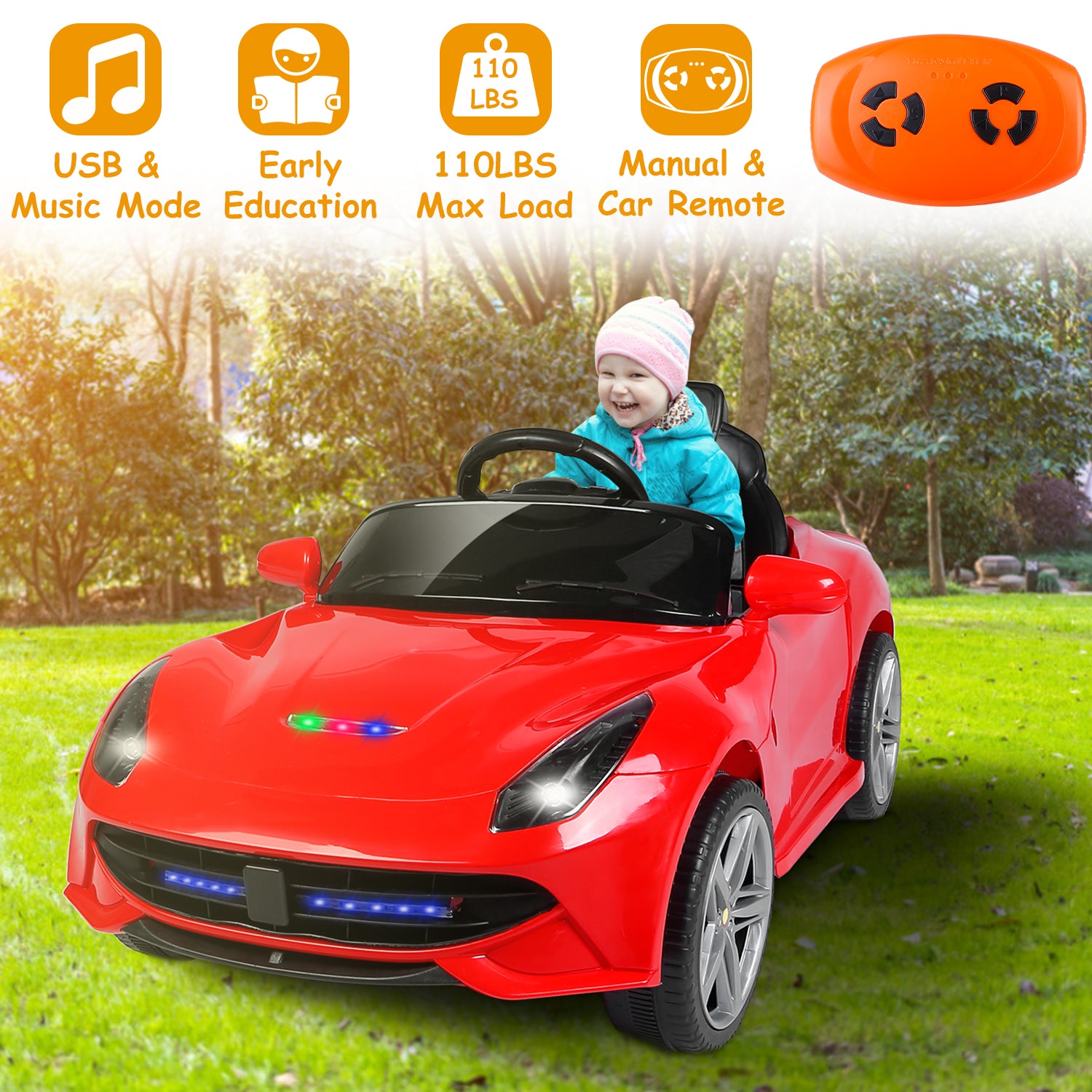 Kids Electric Ride On Car with Parental Remote Control Early Education Music Car Lights Connection Sound Button 3 Speeds