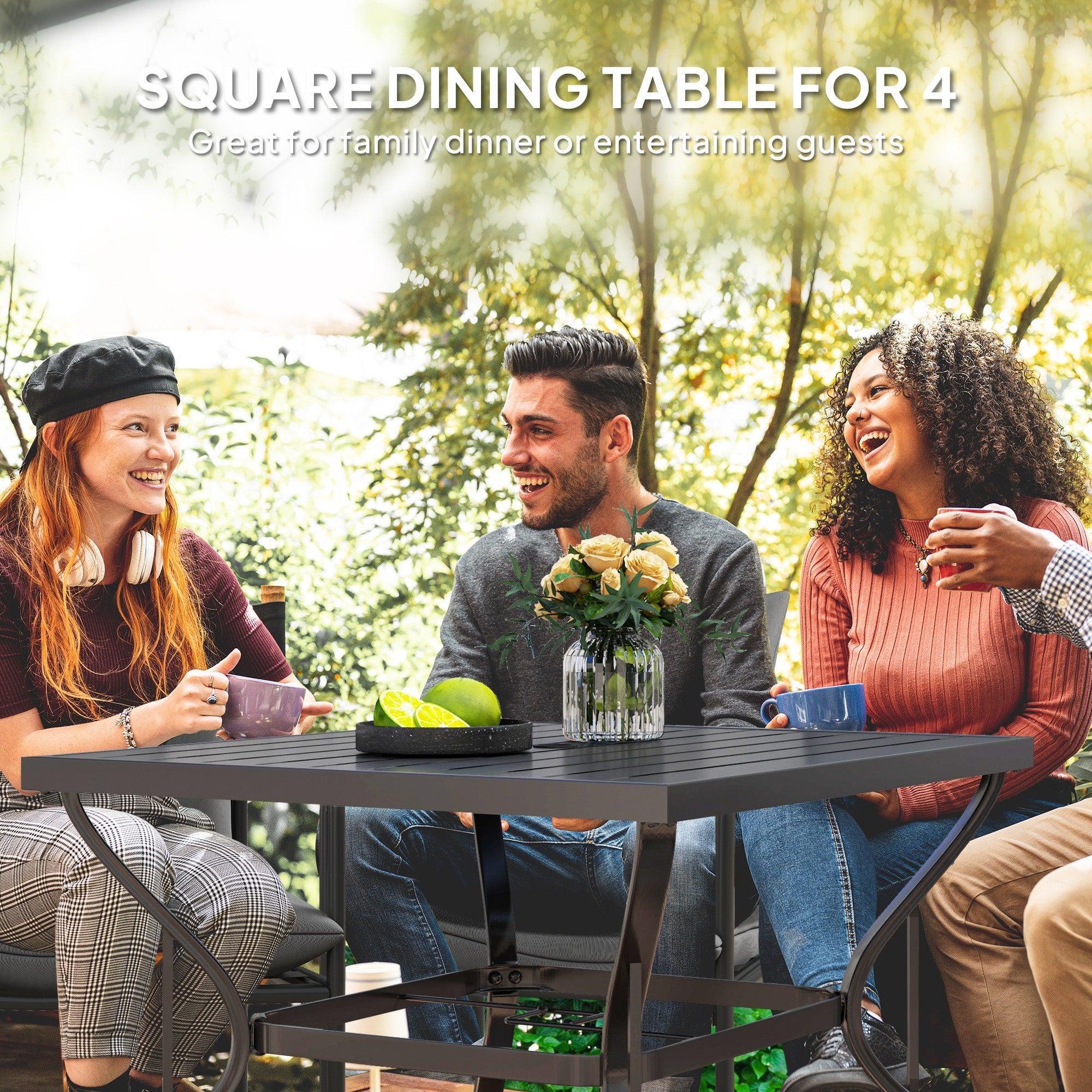 Outsunny 37" Square Outdoor Dining Table, Galvanized Steel Patio Table with 2" Umbrella Hole, Slatted Metal Top, Black 
