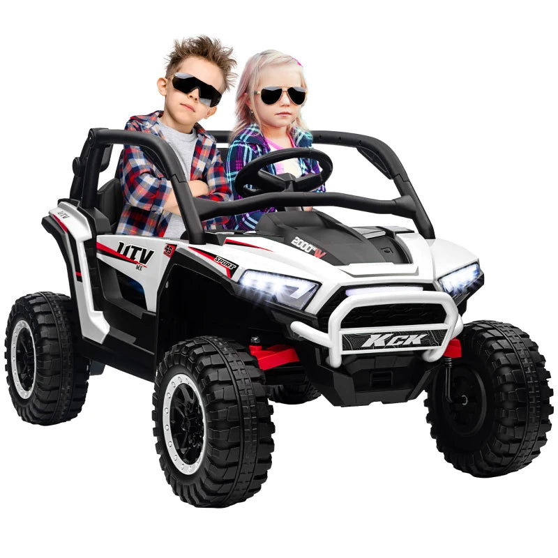 Qaba 2 Seater 24V 7AH Ride on Truck, Electric Car for Kids w/ Spring Suspension, Remote Lights, Horn, Music, White