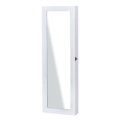 HOMCOM Wall-Mount Mirrored Jewelry Armoire: With Real Glass Mirror, Lockable Storage Organizer, White 