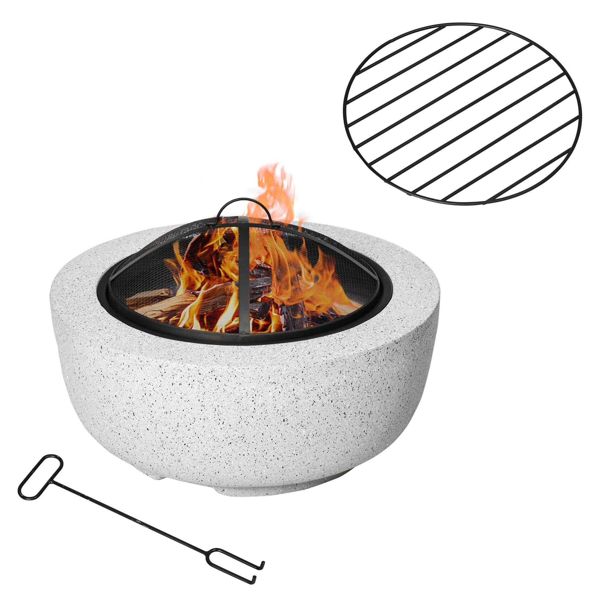 Outsunny 24" Outdoor Fire Pit with Stone Effect, Wood-burning Firepit Fireplace with Spark Screen and Poker for Backyard, Grey 
