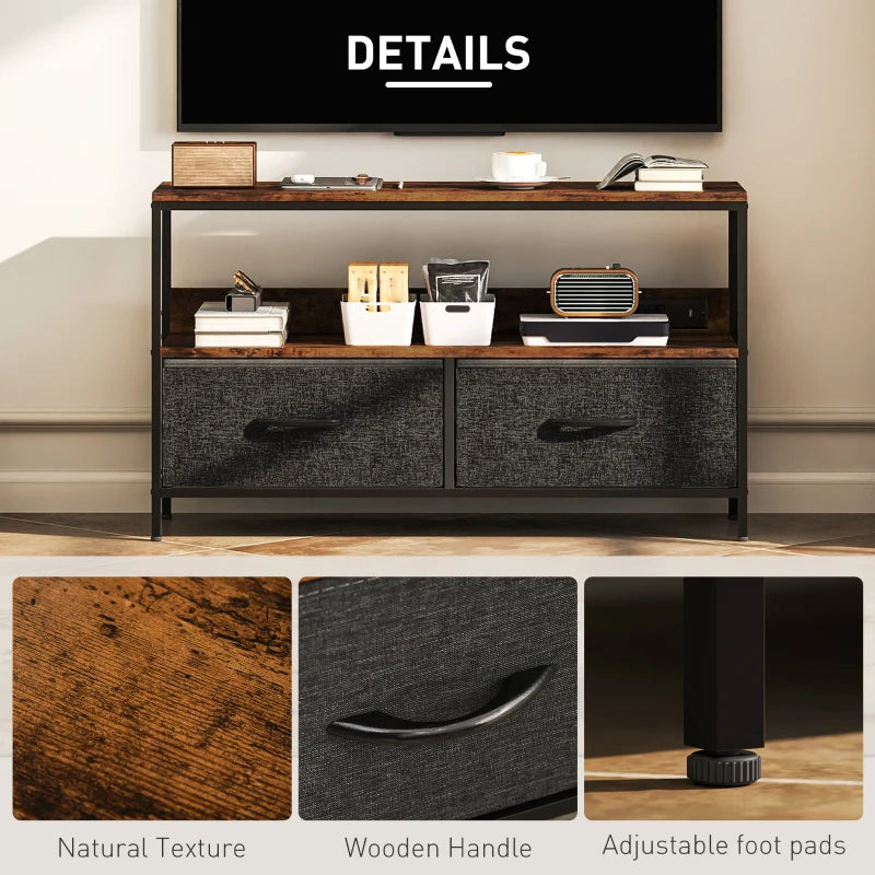 TV Stand with Charging Station, TV Table with 2 Foldable Linen Drawers and Open Shelf for 47 Inch TV, Rustic Brown