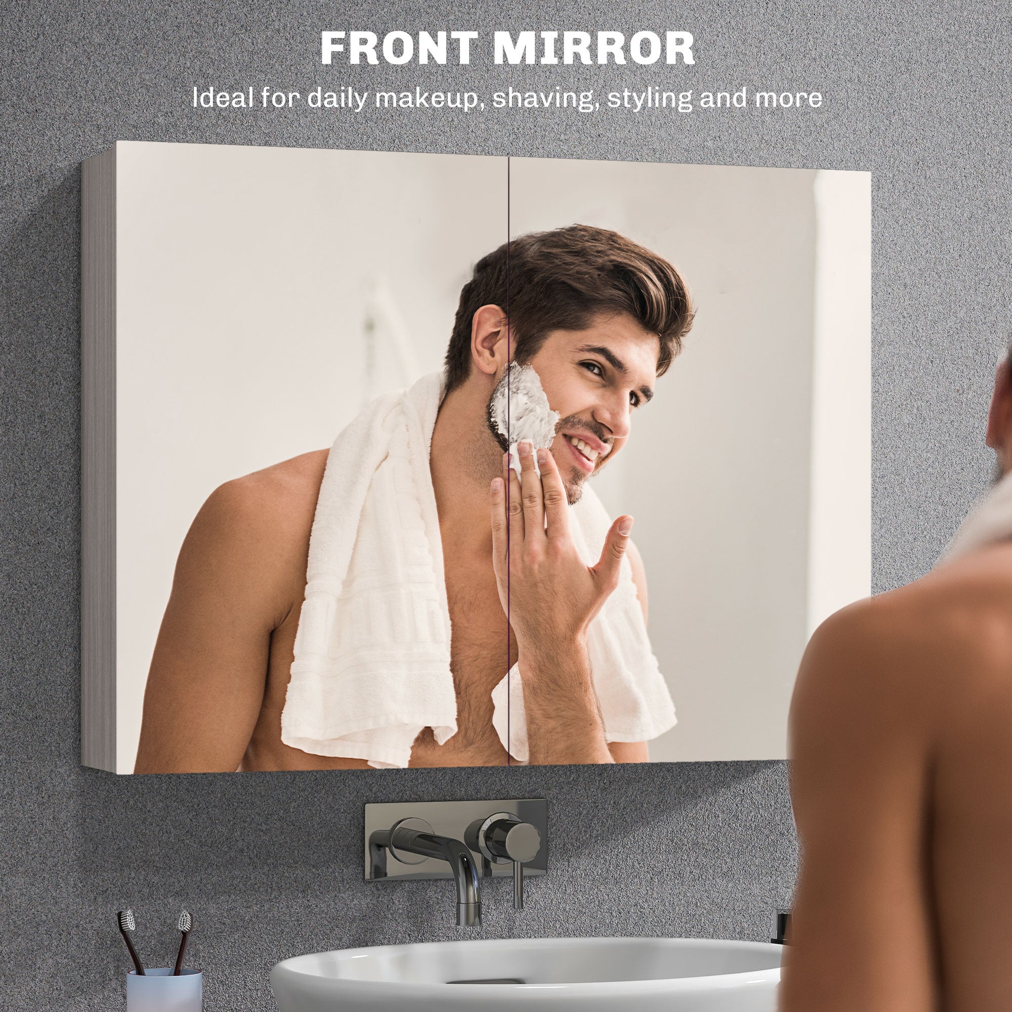 HOMCOM Wall-Mounted Bathroom Mirror Cabinet Double Door Storage Organizer Adjustable Shelf Grey 