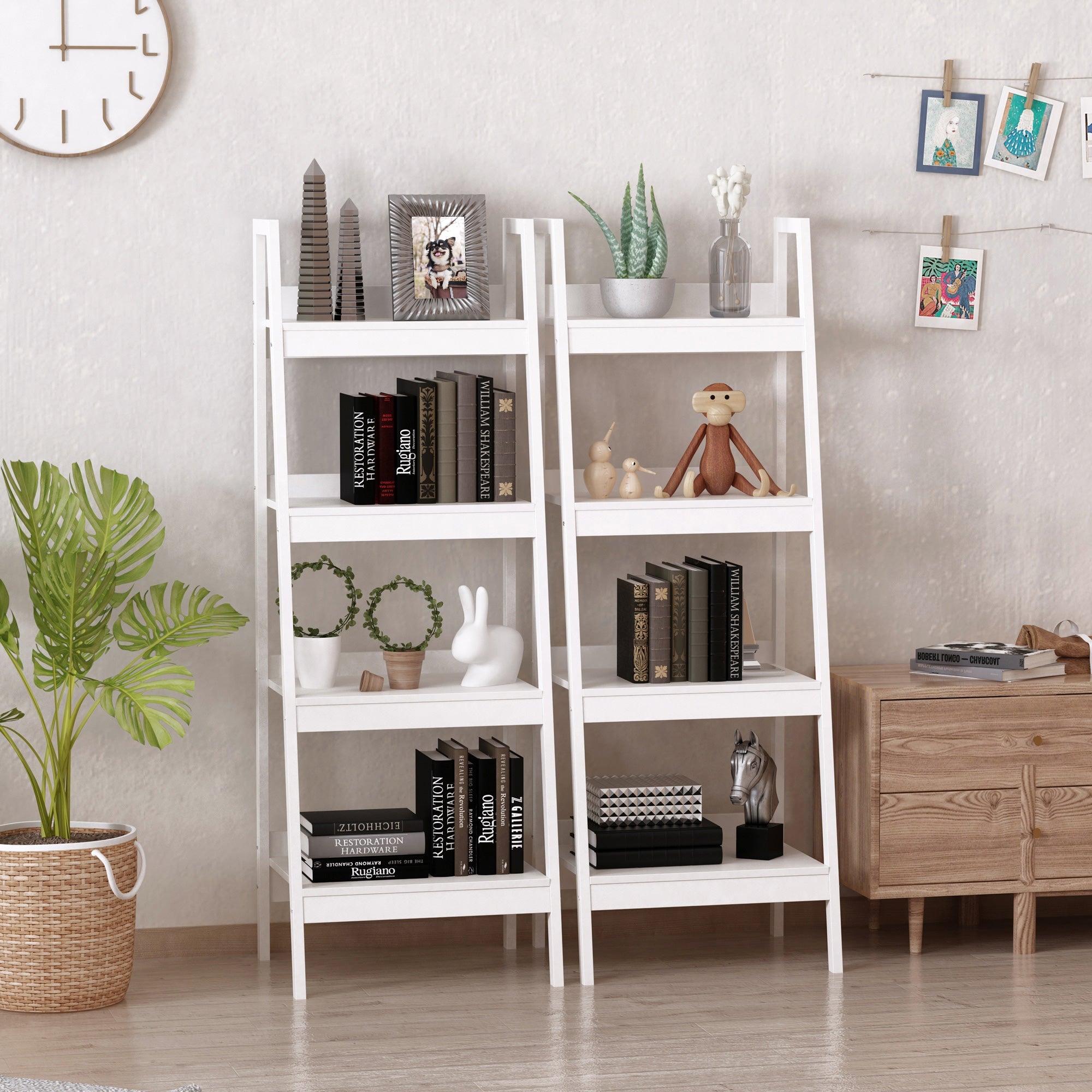 HOMCOM 4 Tier Ladder Shelf Bookcase Set of 2 White Display Rack Storage Shelving Unit Flower Plant Stand Multi-Use 