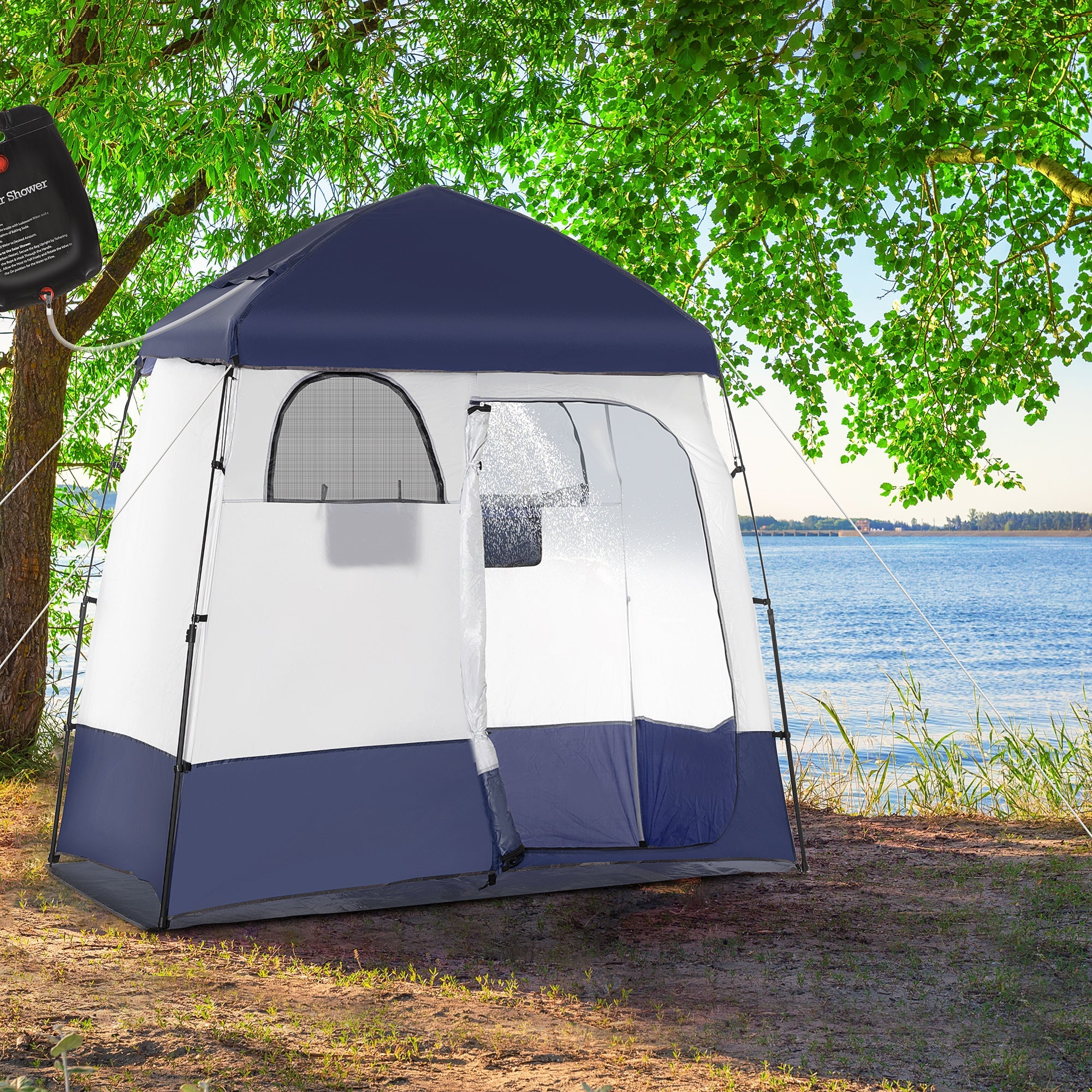 Outsunny Outdoor Portable Pop Up Shower Tent Changing Tent Privacy Enclosure with 2 Rooms Shower Bag Floor for Camping Blue 