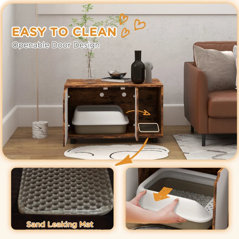 Hidden Cat Litter Box Enclosure with Double Doors and Sand Drain Pad, Rustic Brown