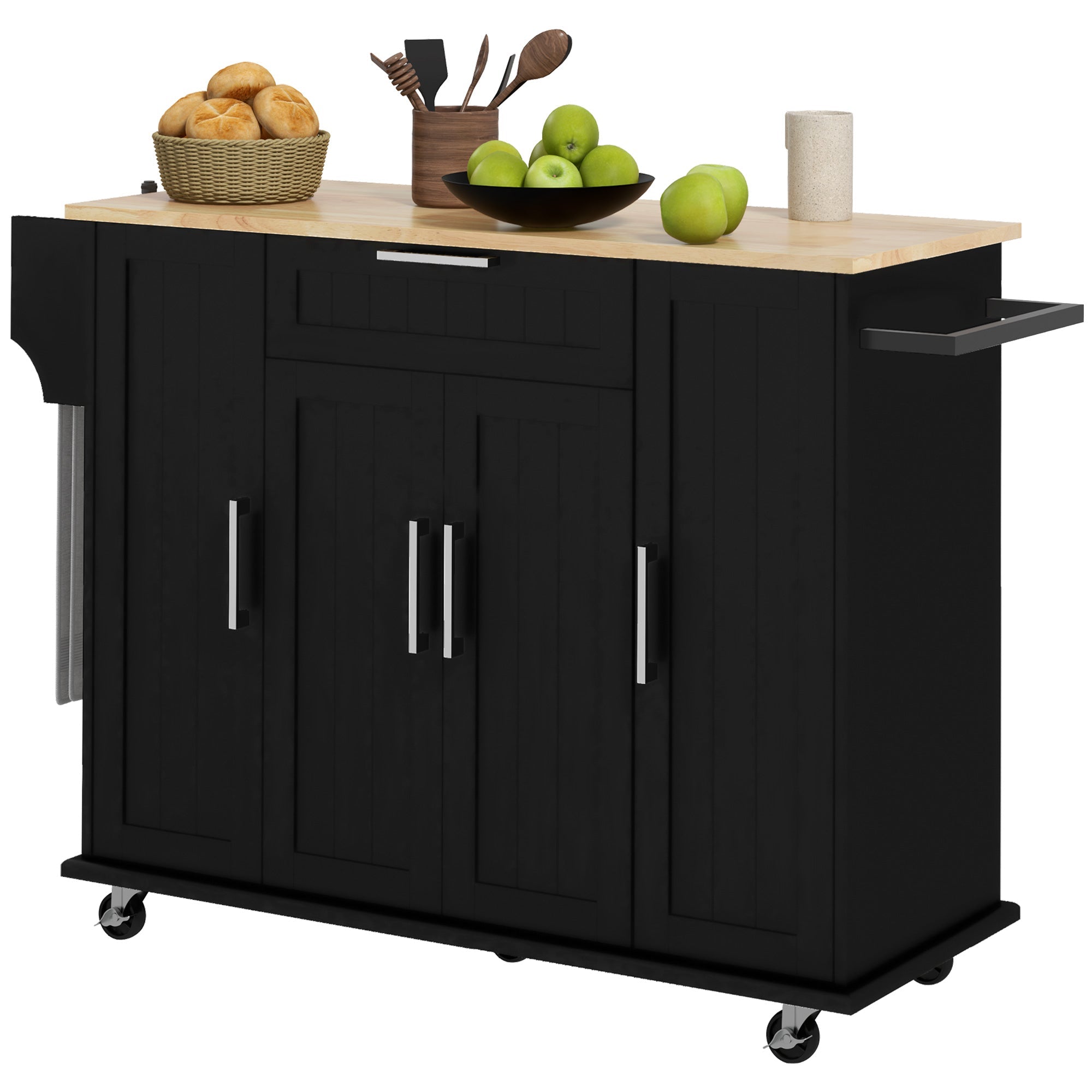HOMCOM Modern Rolling Kitchen Island Cart with Drawers, Natural Wood Top, Towel Rack, Door Storage Cabinet, Black 