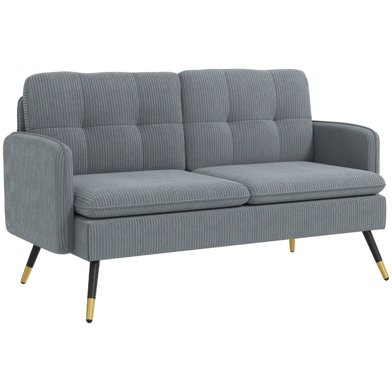 55" Loveseat Sofa, Corduroy Love Seat w/ S spring, Steel Legs and Button Tufting, Small Couch for Living Room, Dark Grey