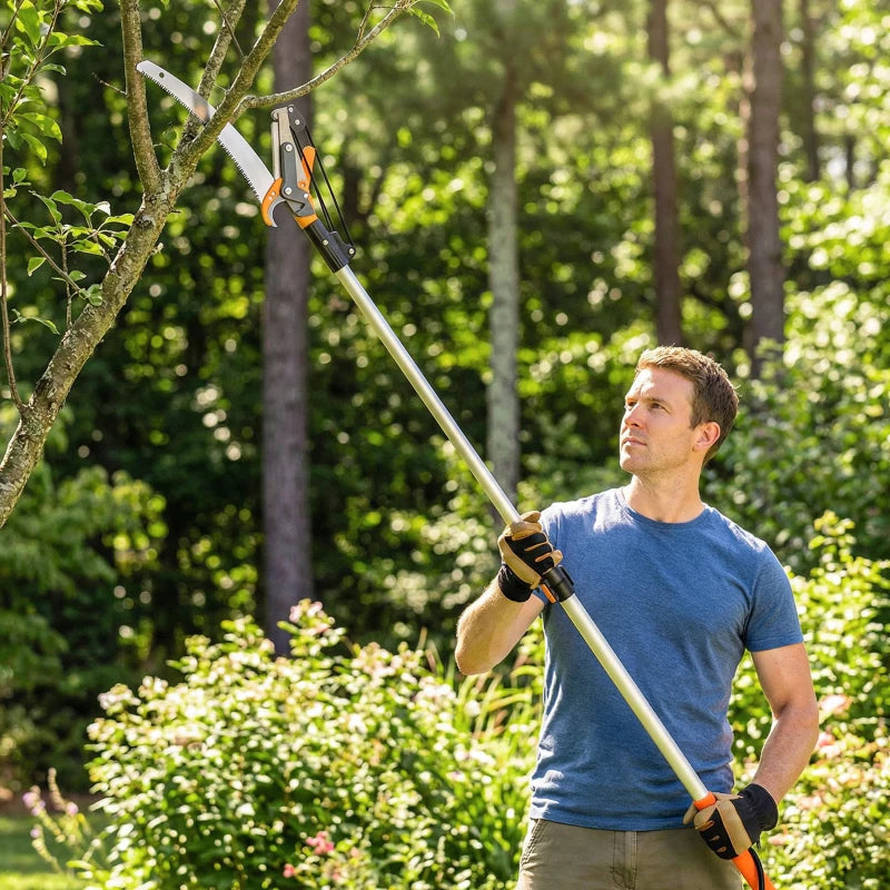 6.5ft 2-In-1 Manual Pole Saw for Tree Trimming, Aluminium Telescopic Long Reach Pole Pruner with Sharp 65Mn Steel Blade