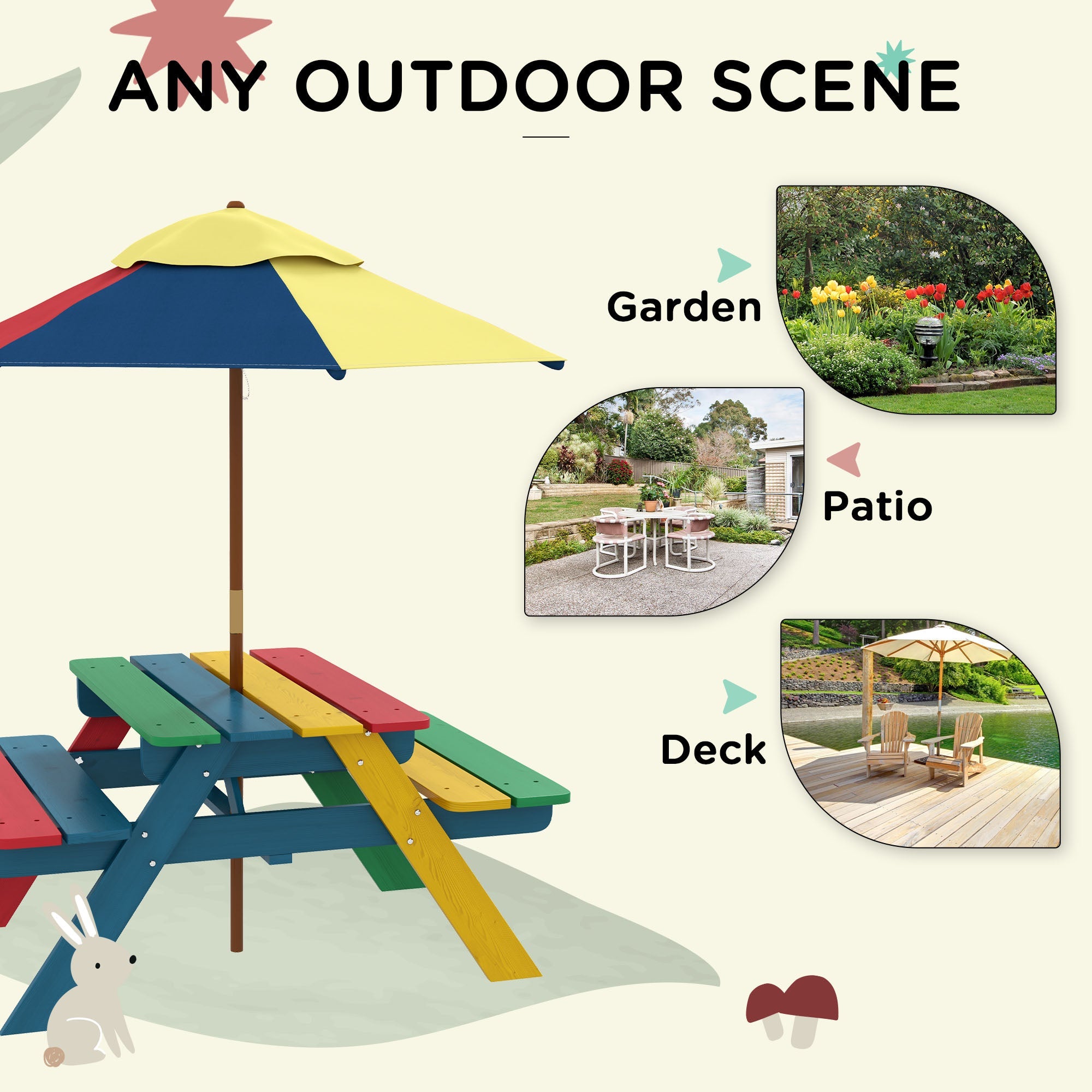 Outsunny Kids Wooden Picnic Table Bench Set with Removable Umbrella, Ideal for Backyard, Garden, Ages 3-6 