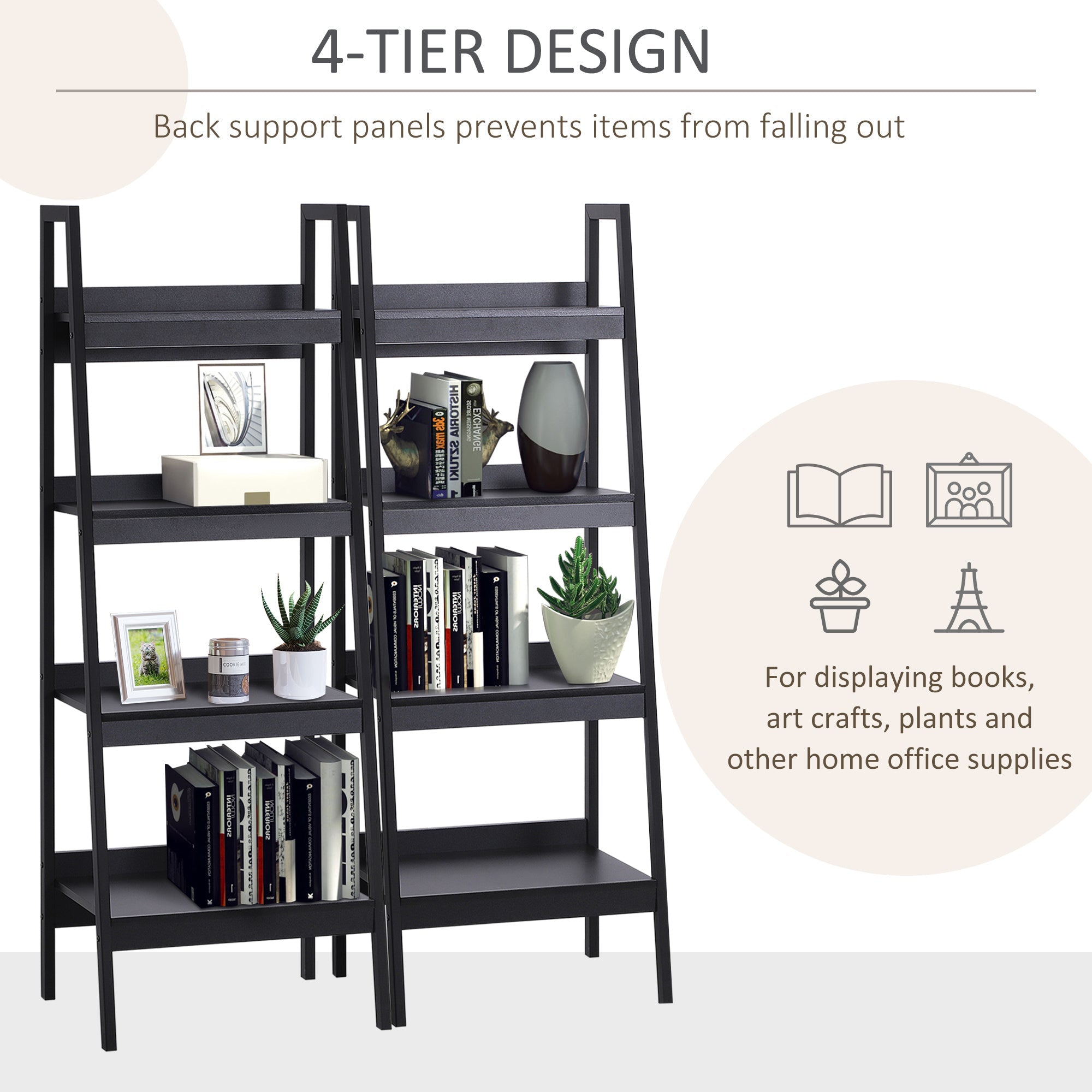 HOMCOM 4 Tier Ladder Shelf Bookcase Set of 2 Display Rack Storage Shelving Unit Flower Plant Stand Multi-Use Black 