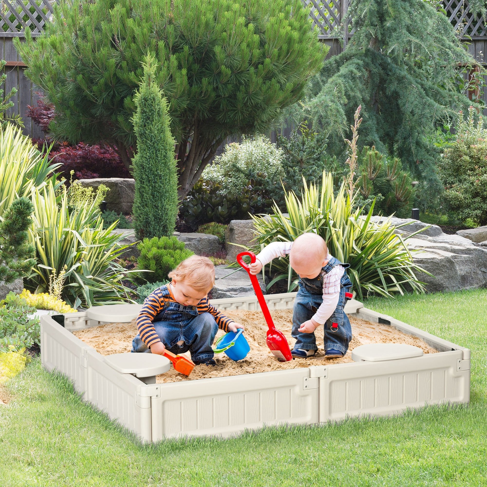 Outsunny Sandbox with Canopy for Kids Outdoor Play Area with Bottom Liner Protective Shade Cream White 