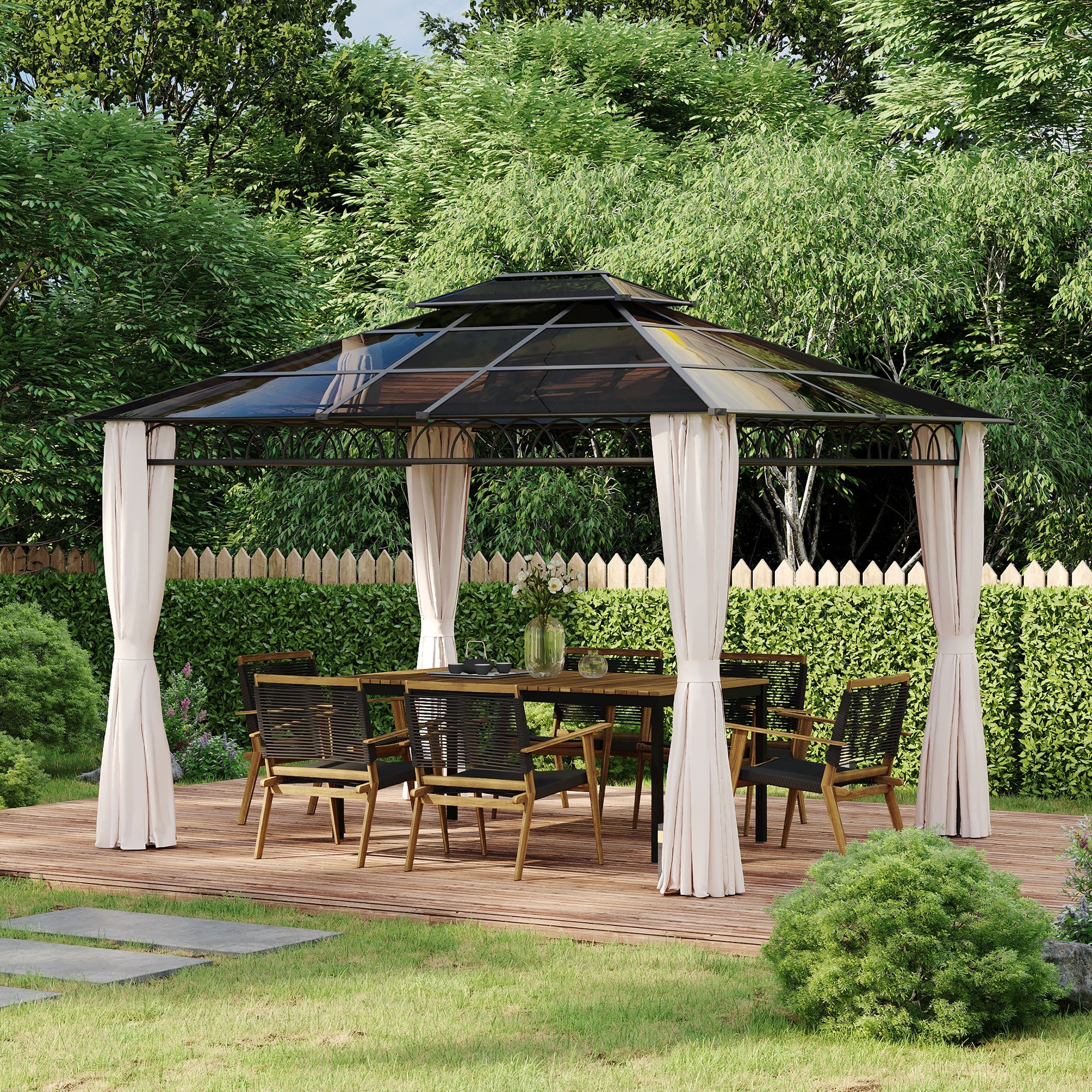 Outsunny 10' x 12' Outdoor Hardtop Gazebo Canopy w/ Double PC Roof, Steel Frame, Nettings, Curtains for Garden Lawn Deck, Khaki 