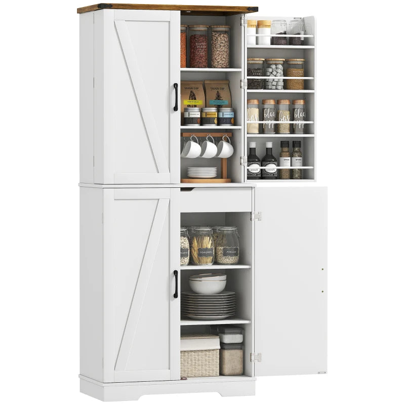 72" Kitchen Pantry Cabinet, Farmhouse Storage Cabinet with 4 Doors, Drawer, 8 Door Shelves and Adjustable Shelf, White