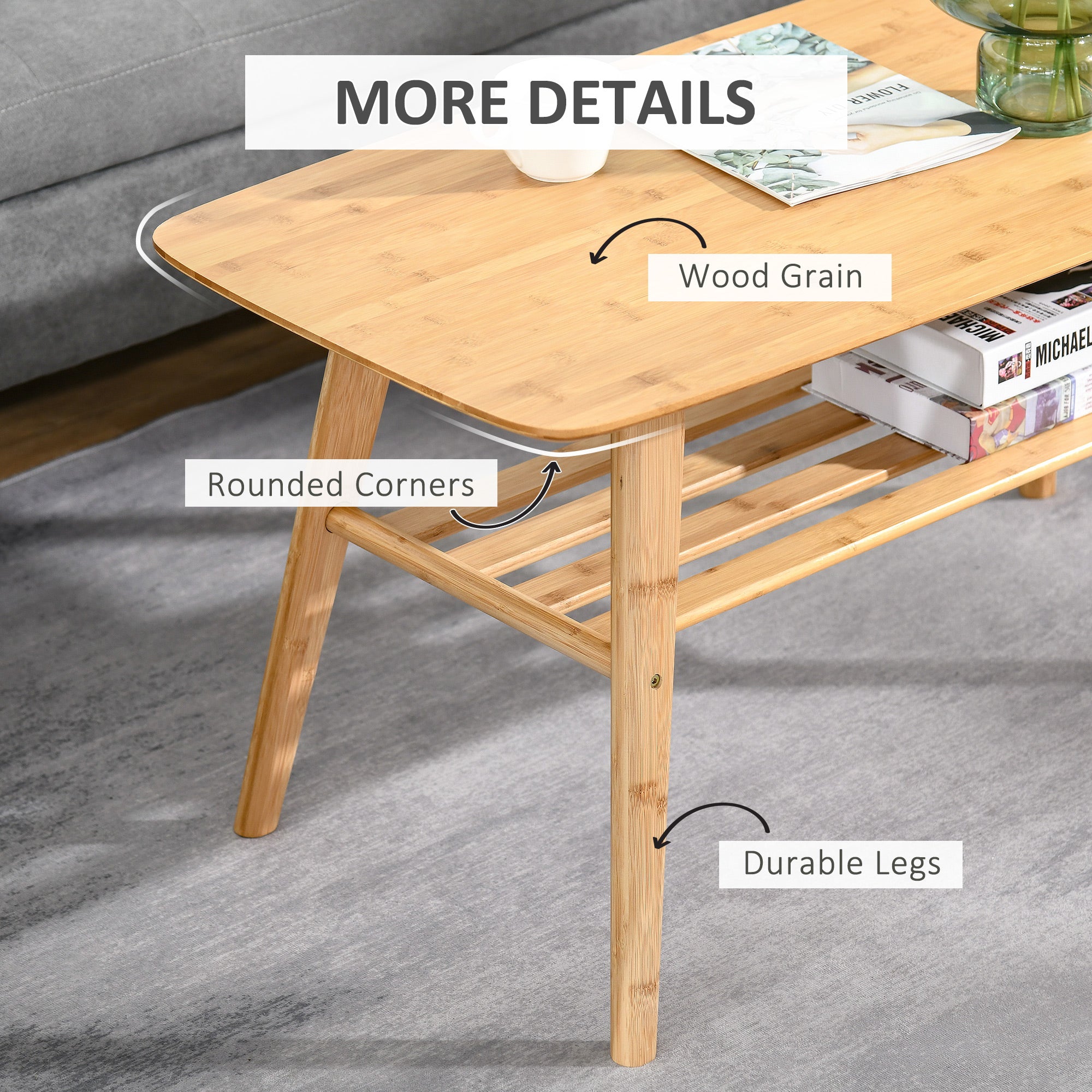 HOMCOM Bamboo 2-Tier Coffee Table: Rectangle Cocktail Table with Storage Shelf for Living Room 