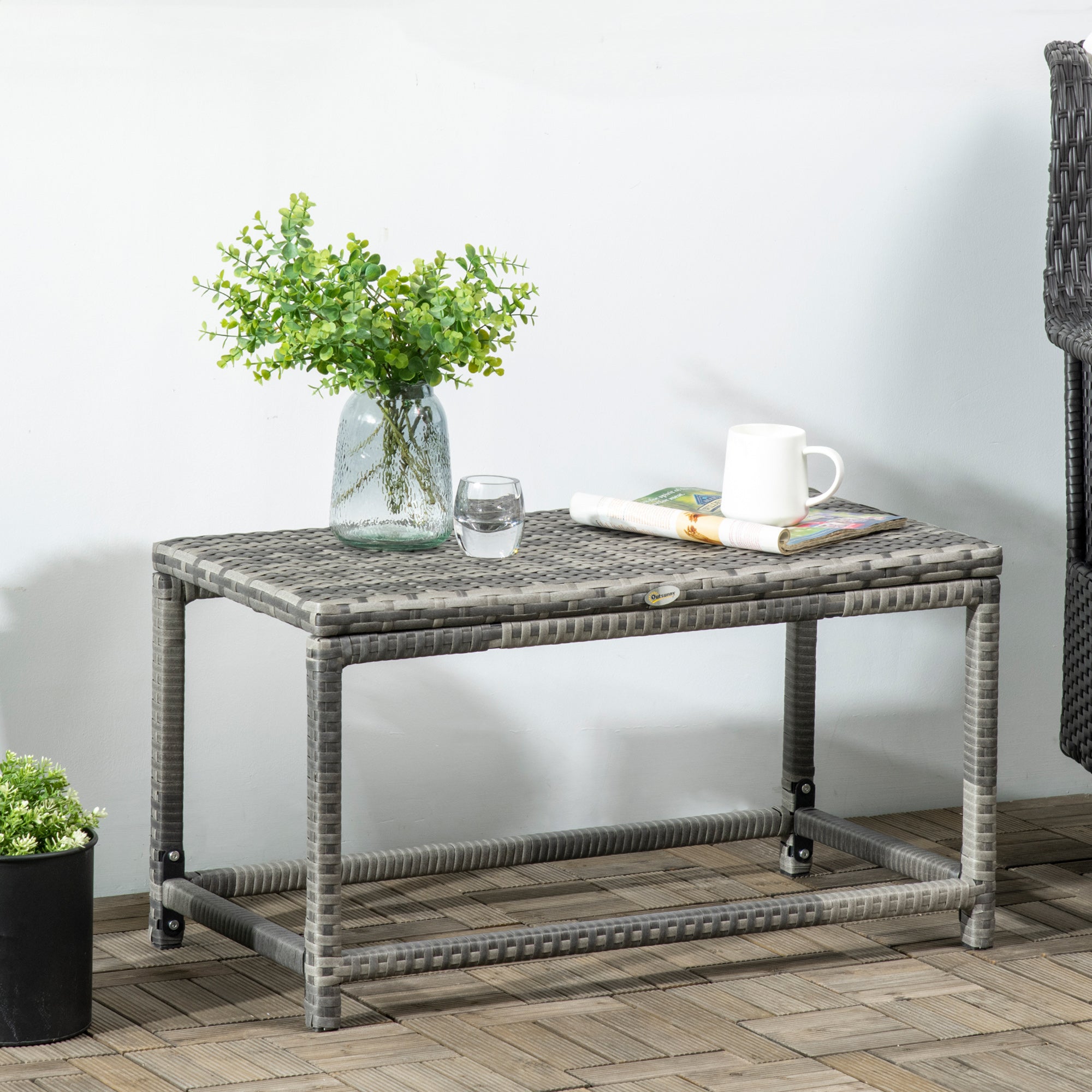 Outsunny Patio Rattan End Table, Outdoor Side Table with Full Woven Table Top for Garden, Balcony, Mixed Grey 