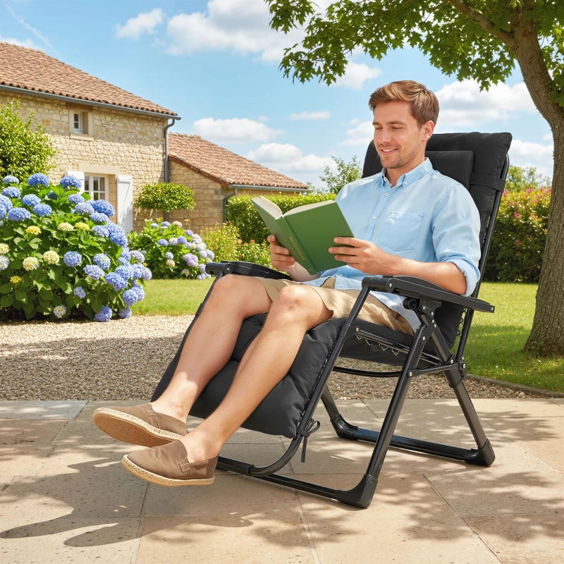 Folding Garden Chair, Reclining Zero Gravity Chair, Sun Lounger with Cushion and Headrest, Black