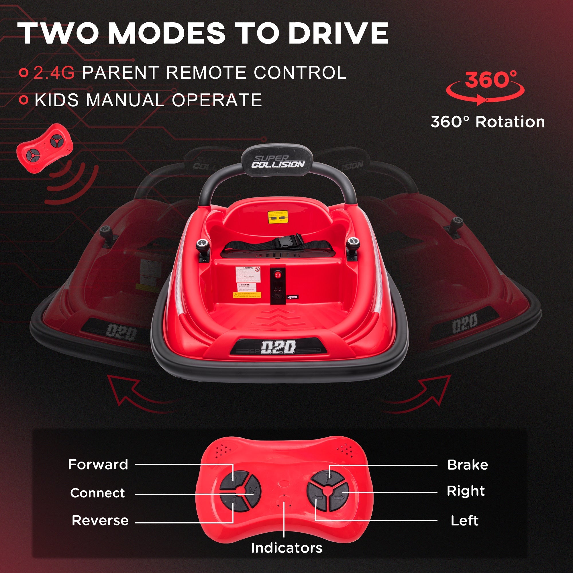Aosom 12V Kids Bumper Car: 360° Rotation, Twin Motor, Remote Control, Red 