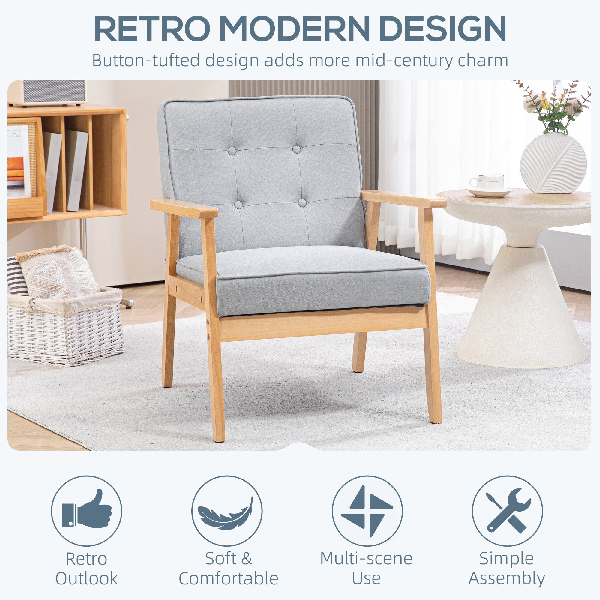 HOMCOM Modern Light Grey Fabric Accent Chair with Tufted Back Wood Legs Thick Padding for Living Room Bedroom 