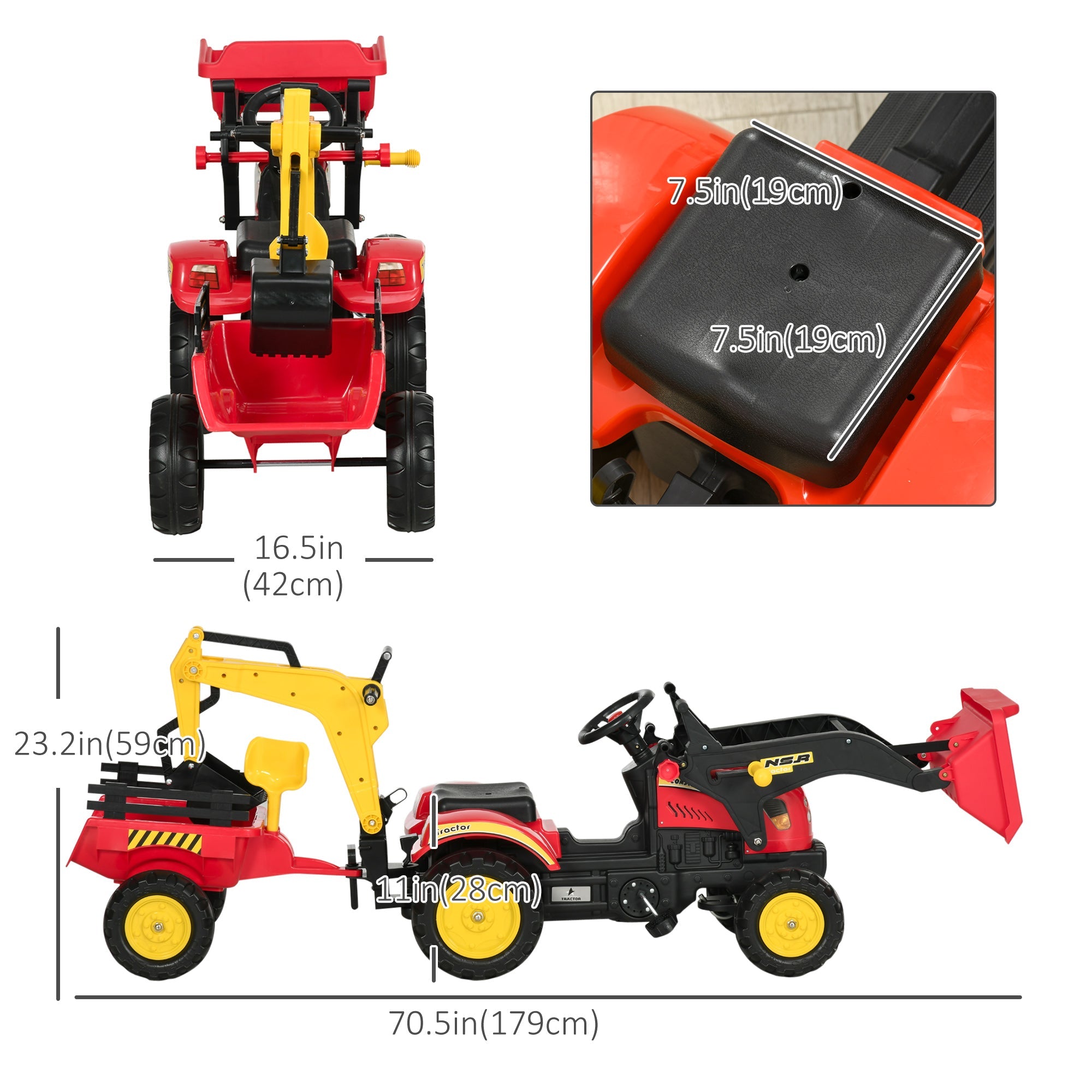 Aosom 3 in1 Kids Ride On Bulldozer/Excavator Toy with 6 Wheels, Controllable Cargo Trailer & Easy Pedal Controls 