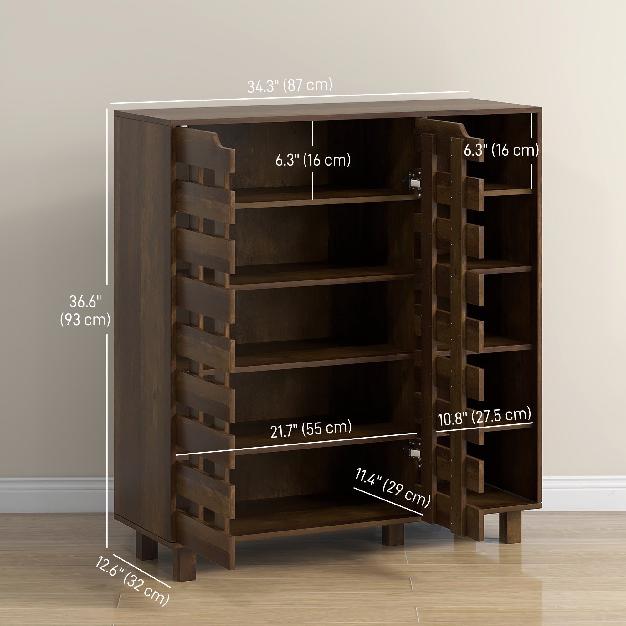 HOMCOM Shoe Cabinet, 21 Pair Shoe Storage Cabinet Organizer with 5-tier Double Door Cupboard and 5-tier Open Shelves, Brown 
