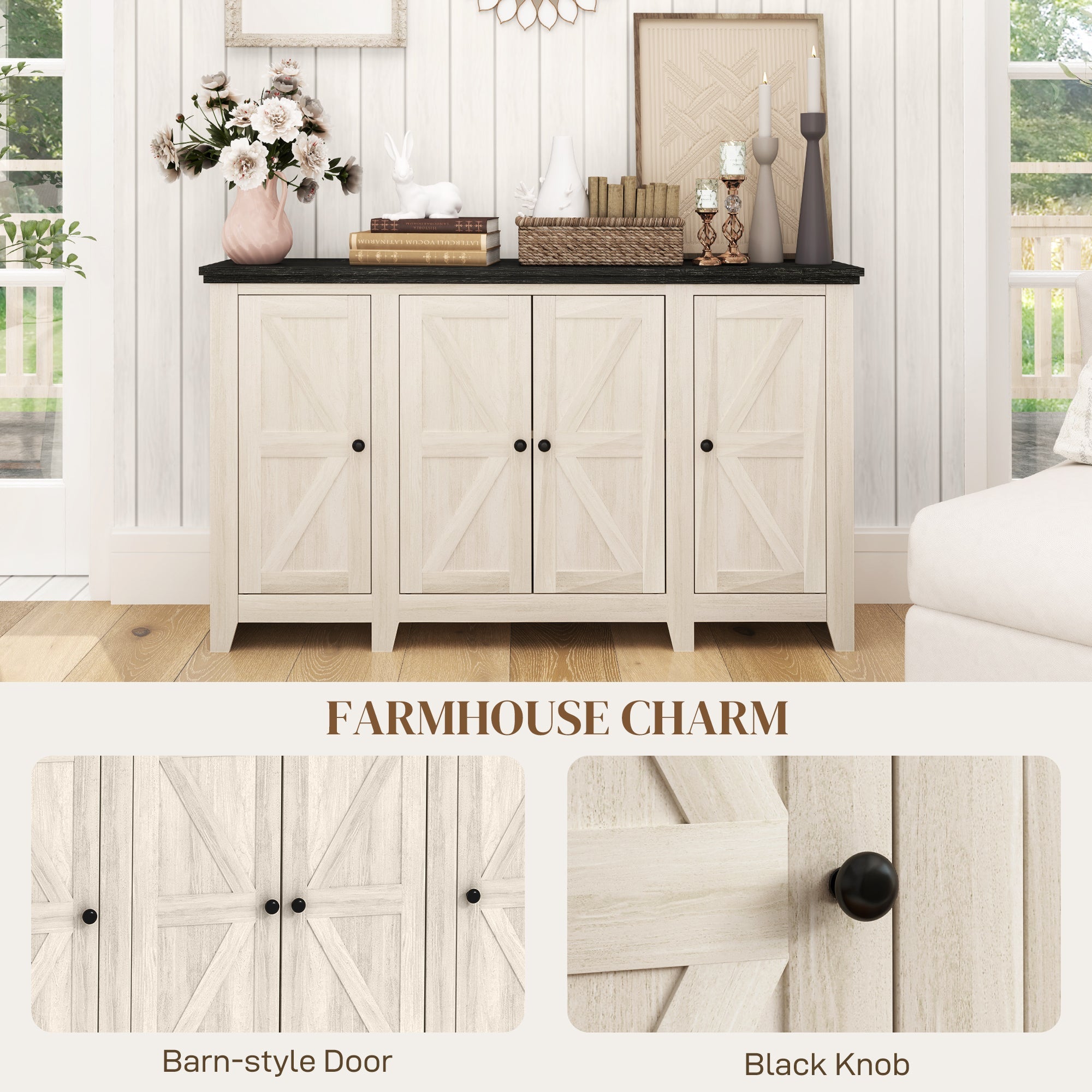 HOMCOM Rustic Sideboard, Buffet Cabinet with Adjustable Shelves for Living Room, Dining Room, Entryway, White Wood Grain 