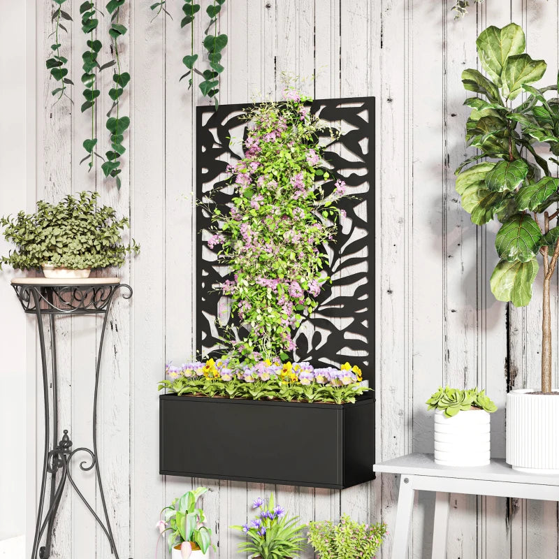 Raised Garden Bed with Trellis, Outdoor Privacy Screen with Planter Box, 24" x 9.1" x 44.5", Black