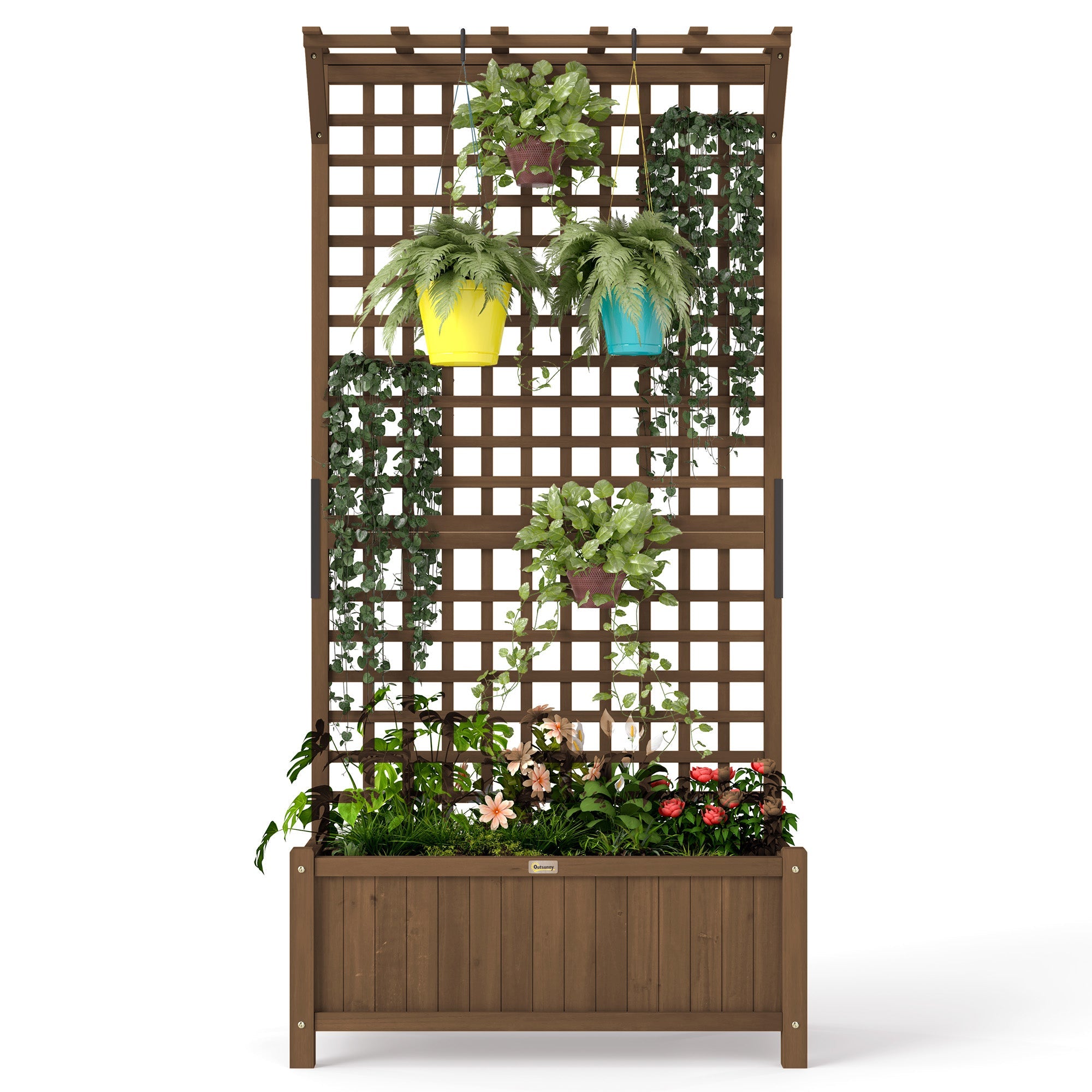 Outsunny Wood Planter with Trellis for Vine Climbing, Raised Garden Bed, Privacy Screen for Backyard, Patio, Deck, Coffee 