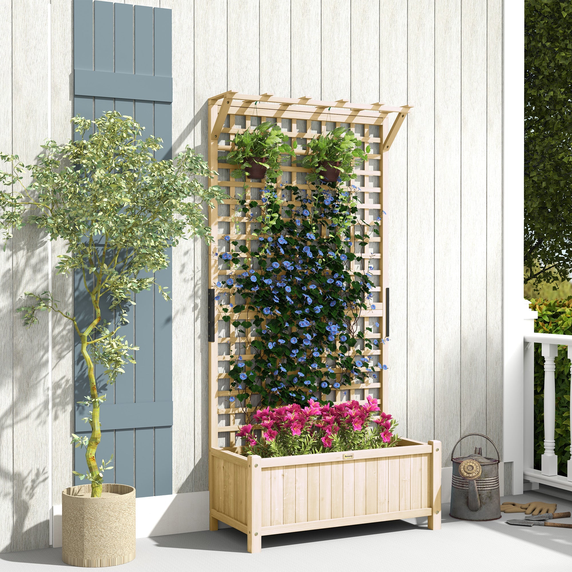 Outsunny Wood Planter with Trellis for Vine Climbing, Raised Garden Bed, Privacy Screen for Backyard, Patio, Deck, Natural Wood 