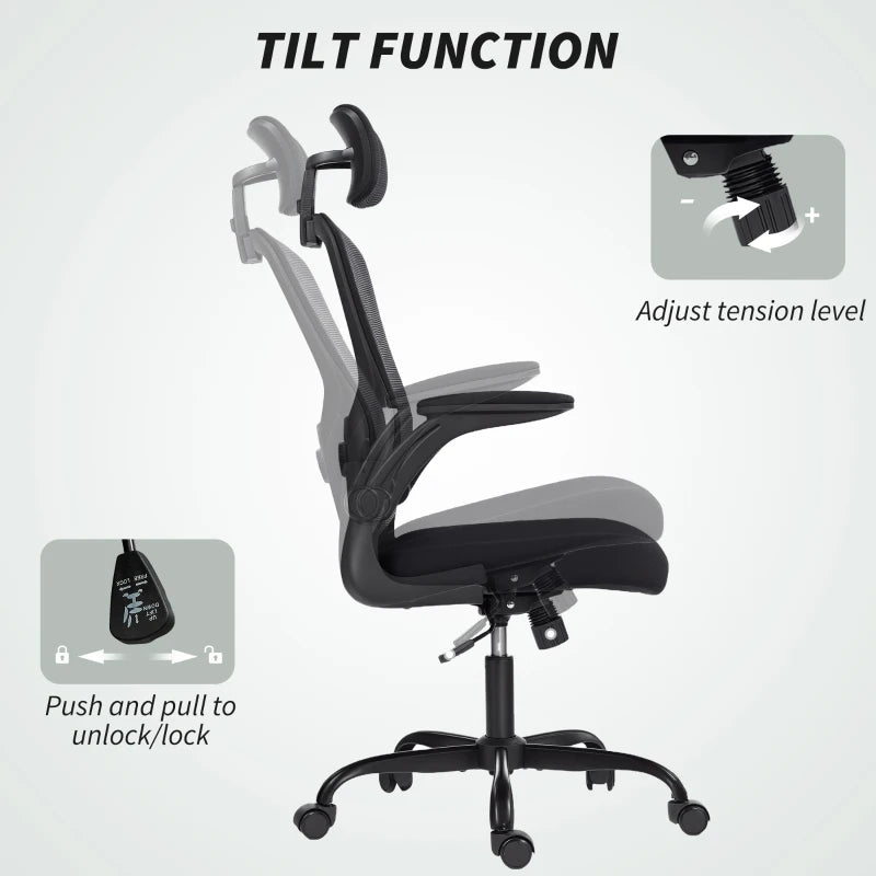 Ergonomic Office Chair, Mesh Desk Chair with Adjustable Headrest, Lumbar Support and Height, Flip-Up Armrests, Black