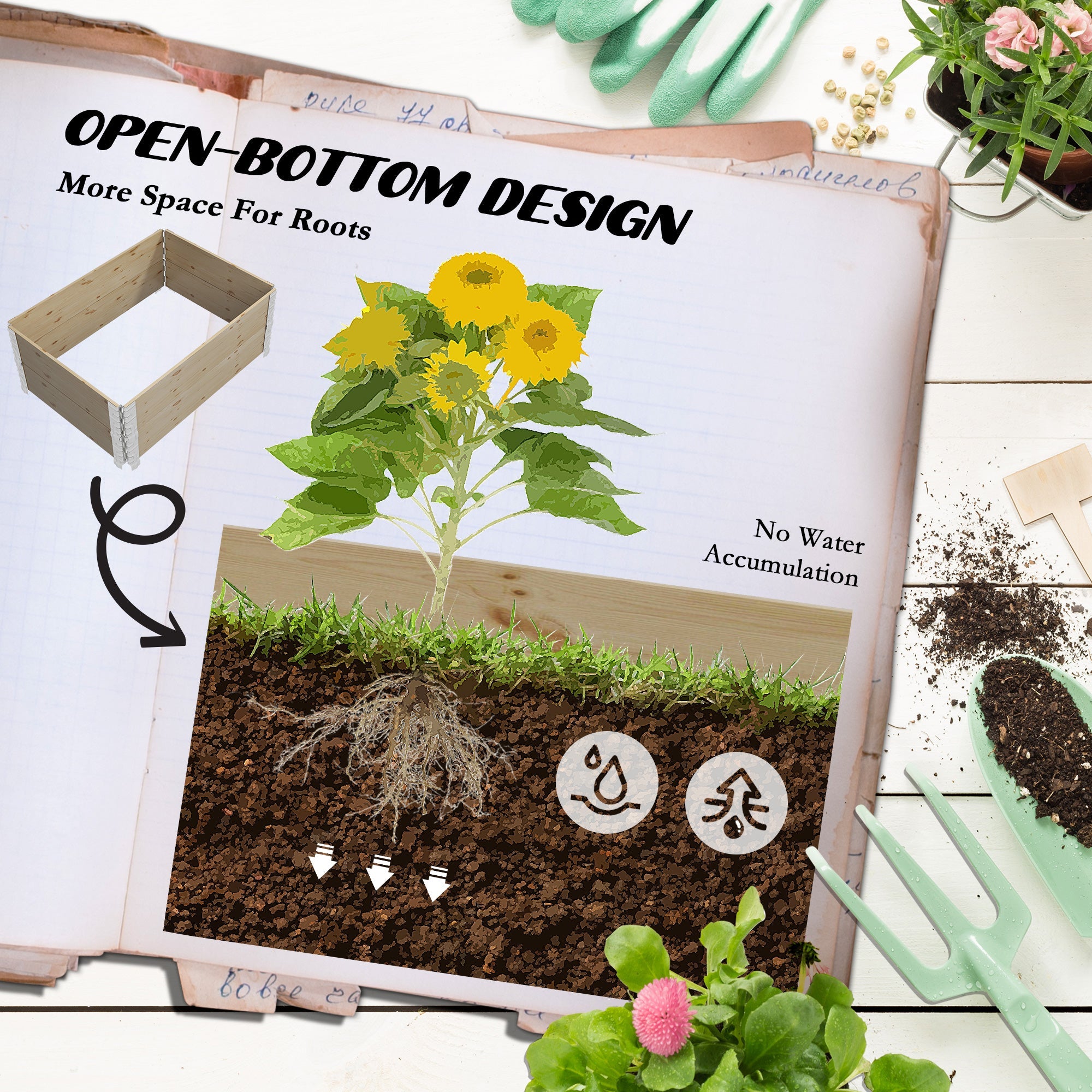 Outsunny Foldable Raised Garden Bed: Two-Box Wooden Planters for Outdoor Veggies/Flowers/Herbs, Easy Assembly 