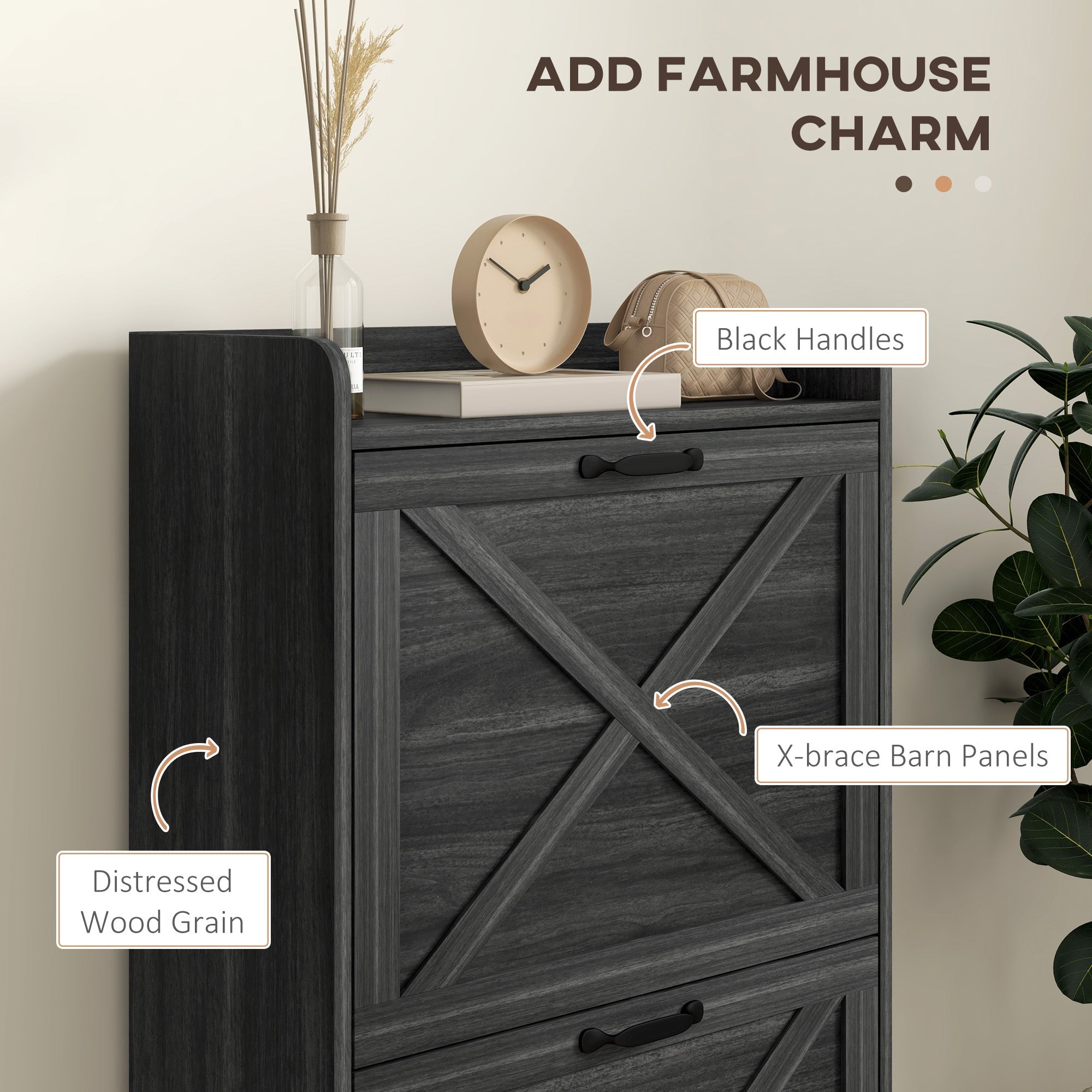 HOMCOM Slim Shoe Storage Cabinet, Farmhouse Shoe Cabinet with 2 Flip Drawers, Adjustable Shelves for 8 Pairs, Distressed Grey 