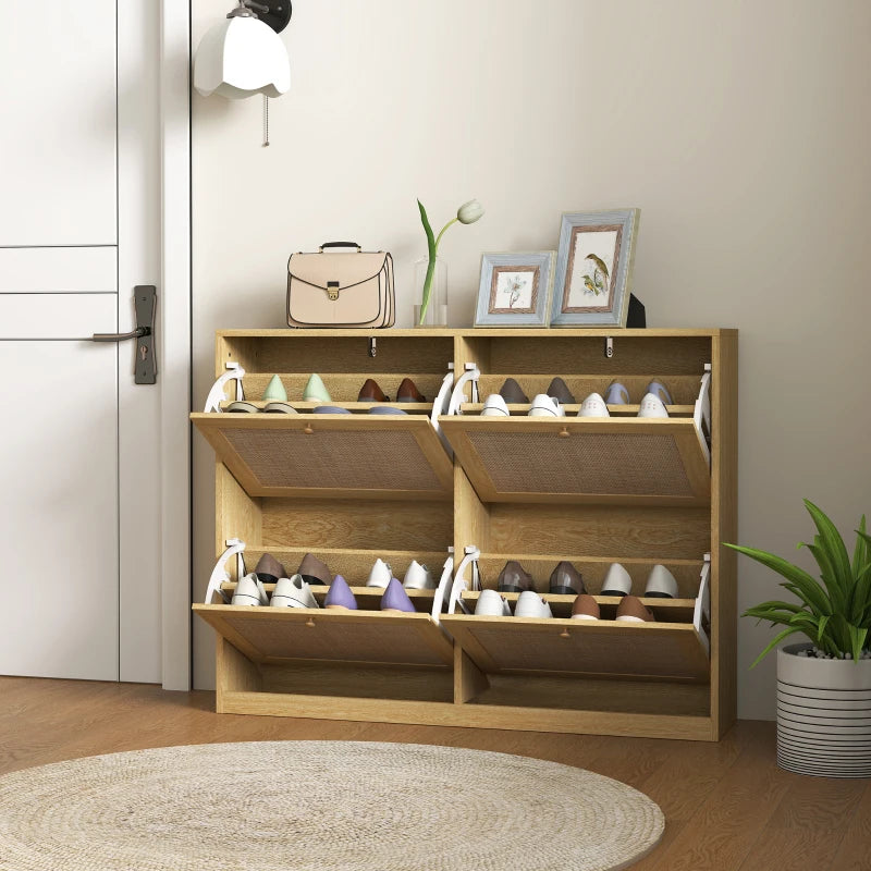 Narrow Shoe Storage Cabinet, Rattan Shoe Cabinet with 4 Flip Drawers and Adjustable Shelves for 20 Pairs, Oak