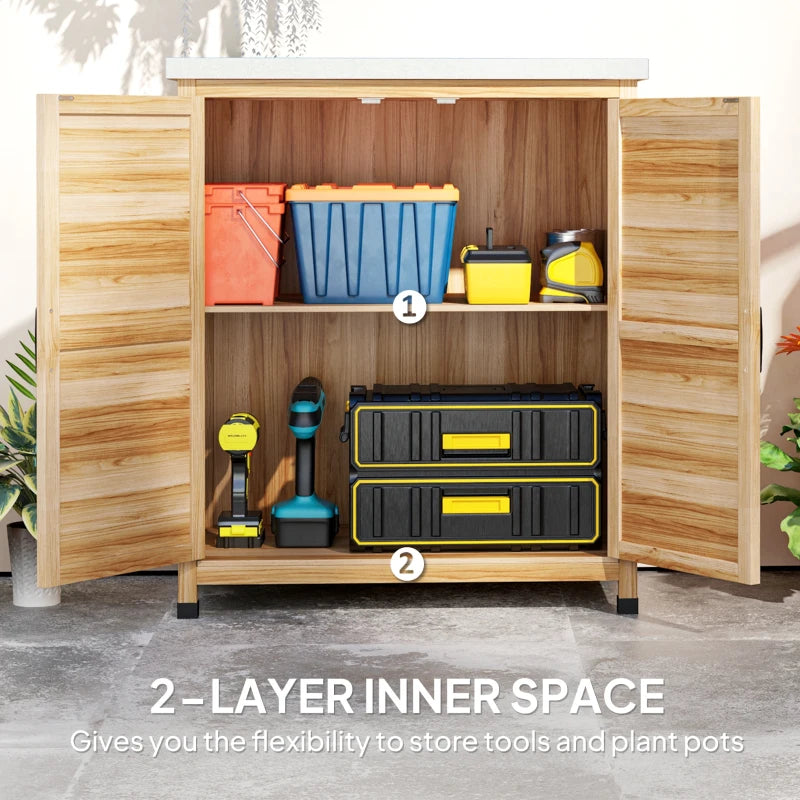 Garden Storage Cabinet, Outdoor Potting Bench Table with Metal Tabletop, Shelf and Double Doors, Natural
